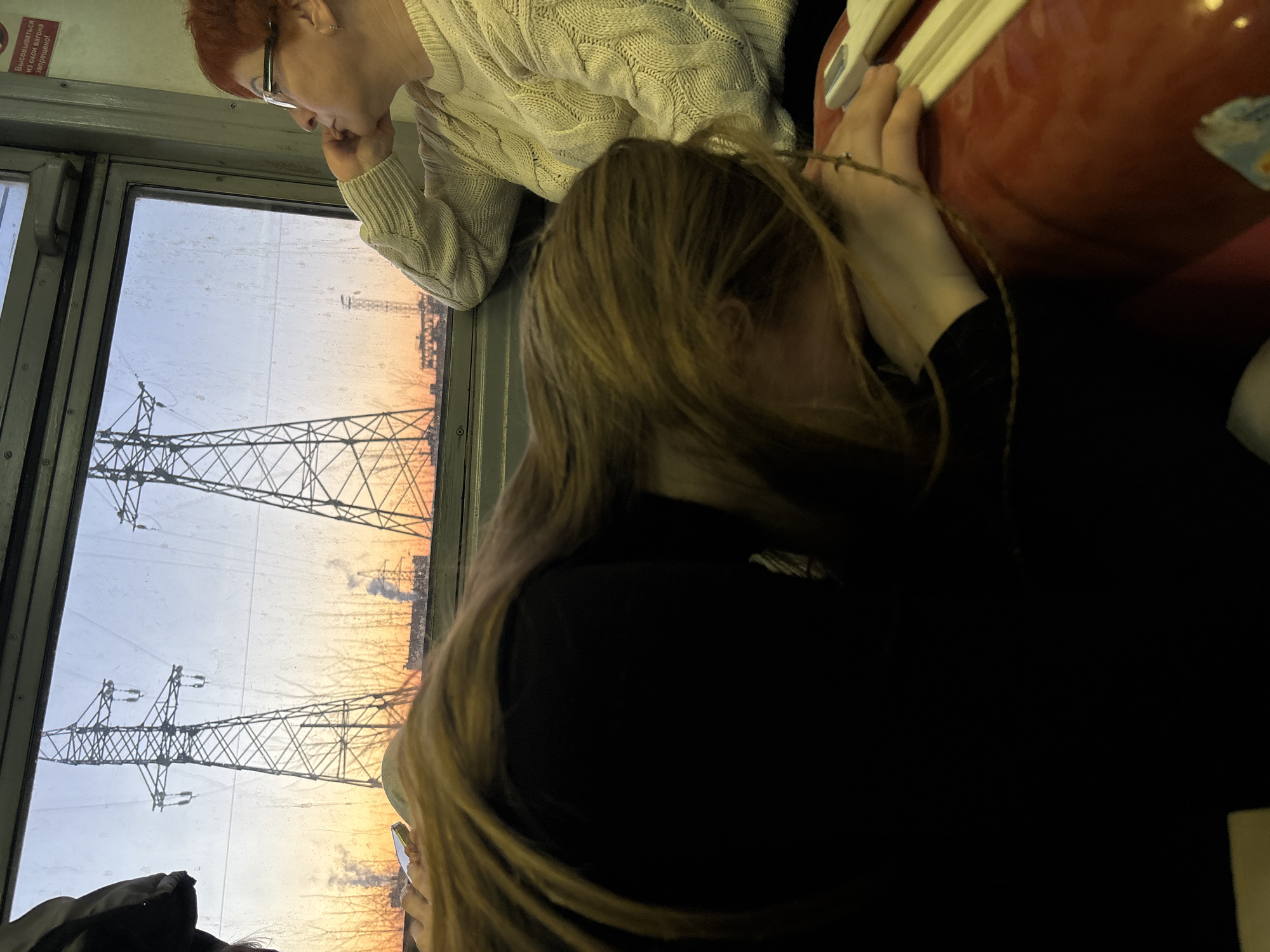 The image shows two individuals inside a train car, possibly in or near Perm, Russia, given the Cyrillic signage near the window. One person, likely an older woman, is visible in the upper left, wearing glasses and a light-colored, patterned sweater. She appears to be looking out the window. A younger person with long, light brown hair and wearing a black top is the focal point, obscuring much of the background. The younger individual's hands are visible and appear to be near a red surface. The window reveals a view of the outdoors, with electricity pylons and what looks like a sunset or sunrise.