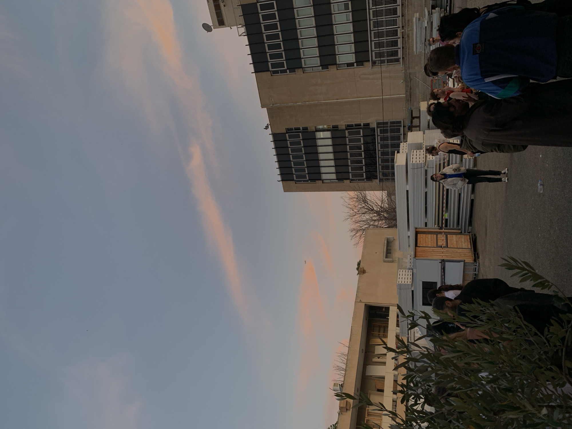 The image captures an outdoor urban scene in Tel-Aviv, Israel, at dawn or dusk. The sky is a pale blue with distinct horizontal streaks of pink and orange clouds. A small, dark object, possibly an aircraft, is visible in the upper-left sky.
The ground is a dark, paved surface, resembling asphalt, with a discarded plastic water bottle lying in the mid-left. A large leafy plant, likely a shrub or small tree, occupies the lower-left foreground, partially obscuring some individuals. In the background, two multi-story buildings are visible. The left building is light-colored with multiple window openings, some appearing unfinished or damaged. The right building is taller, featuring a facade of beige concrete and dark panels with numerous rectangular windows. A satellite dish is mounted on its flat roof, and a bird is perched near the roofline.
In the mid-ground, large stacks of construction or staging materials are present, consisting primarily of white and grey rectangular panels and some wooden structures. Faint Hebrew text, including "בכל" and "עץ", is discernible on one stack of panels.
Approximately 15-20 individuals are distributed across the paved area. In the mid-left, a woman in a light-colored puffer jacket and dark pants stands alone, facing right. In the mid-right, a group of five or more people are gathered, appearing to engage in conversation. One man in this group wears a blue and teal track jacket, his back to the viewer, conversing with another man in a dark jacket. Other individuals are present in smaller clusters or standing independently, some partially obscured by the foreground plant or other people. No specific dynamic actions or interactions are prominent beyond general social gathering.