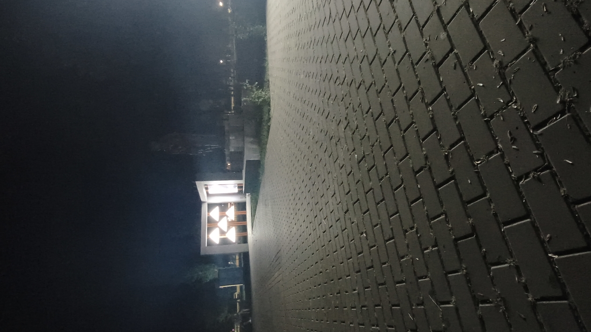 A low-angle, full shot captures a dimly lit park at night. The foreground is dominated by a paved walkway made of dark grey rectangular bricks, laid in a herringbone pattern. Scattered leaves are visible on the paving stones. In the middle ground, a modern white structure with an open front features a series of illuminated triangular panels. To the right of this structure, a dark, silhouetted statue stands on a concrete pedestal. Beyond these elements, the background is a dark, indistinct expanse of night with faint hints of trees and distant lighting. The scene appears to be located in the city of Mikhaylovka, Russia.