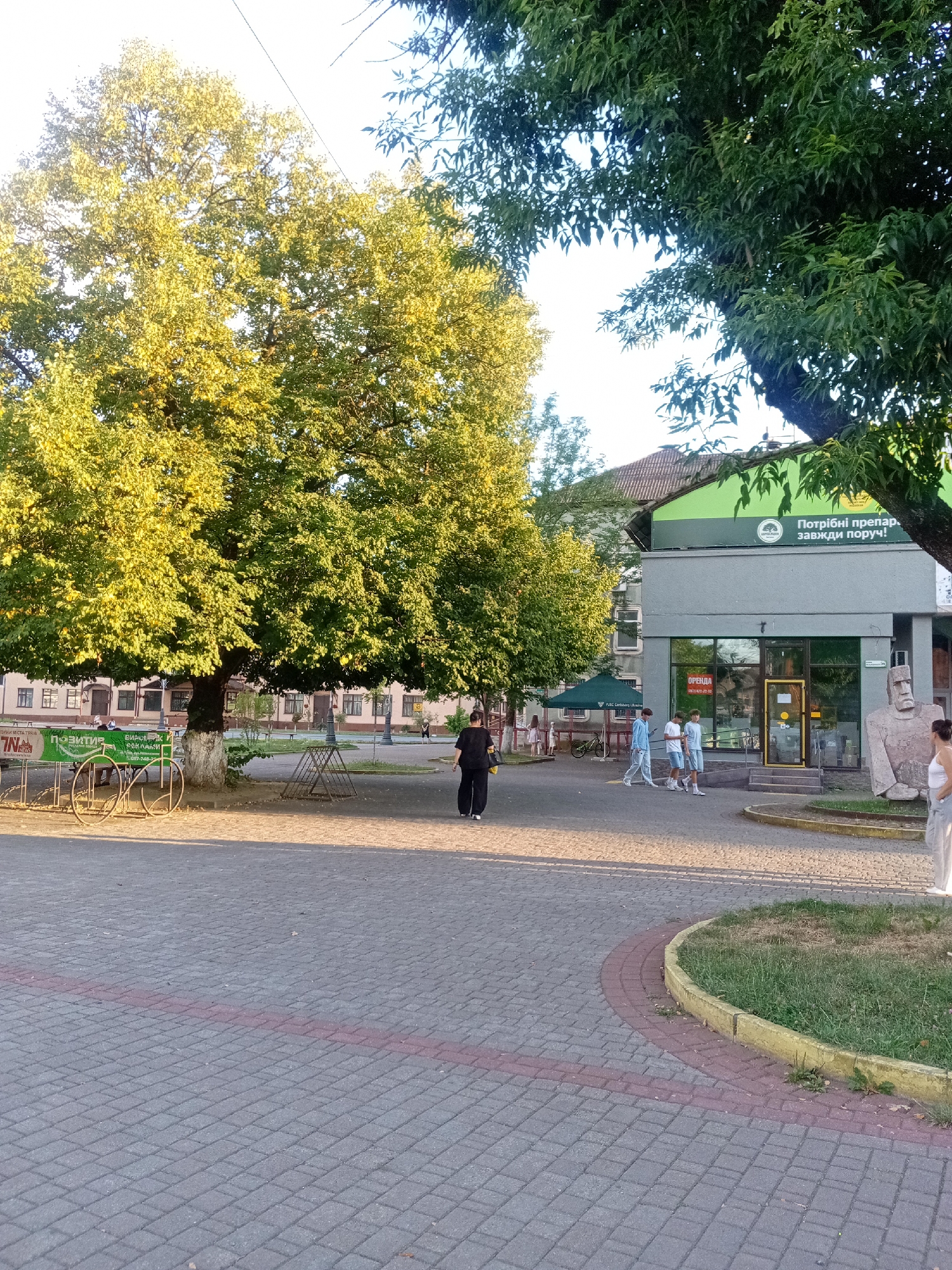 The image captures a street scene in Tiachiv, Ukraine, dominated by a large, leafy tree with sunlight illuminating its foliage. In the foreground, a paved walkway with a red stripe curves around a patch of grass. A green bench with a bicycle rack is visible on the left, with two people seated on it. To the right, a modern building with a green facade features a glass storefront with a yellow door. A sign above the entrance reads "Потрібні препарати. Завжди поруч!" (Necessary medicines. Always nearby!). Several individuals are walking on the sidewalk in front of the building, including three young men in athletic wear. A large, abstract stone sculpture of a human head and shoulders stands near the building's entrance. A woman in a white tank top is looking towards the sculpture on the right side of the frame. The overall atmosphere is that of a typical urban environment on a sunny day.