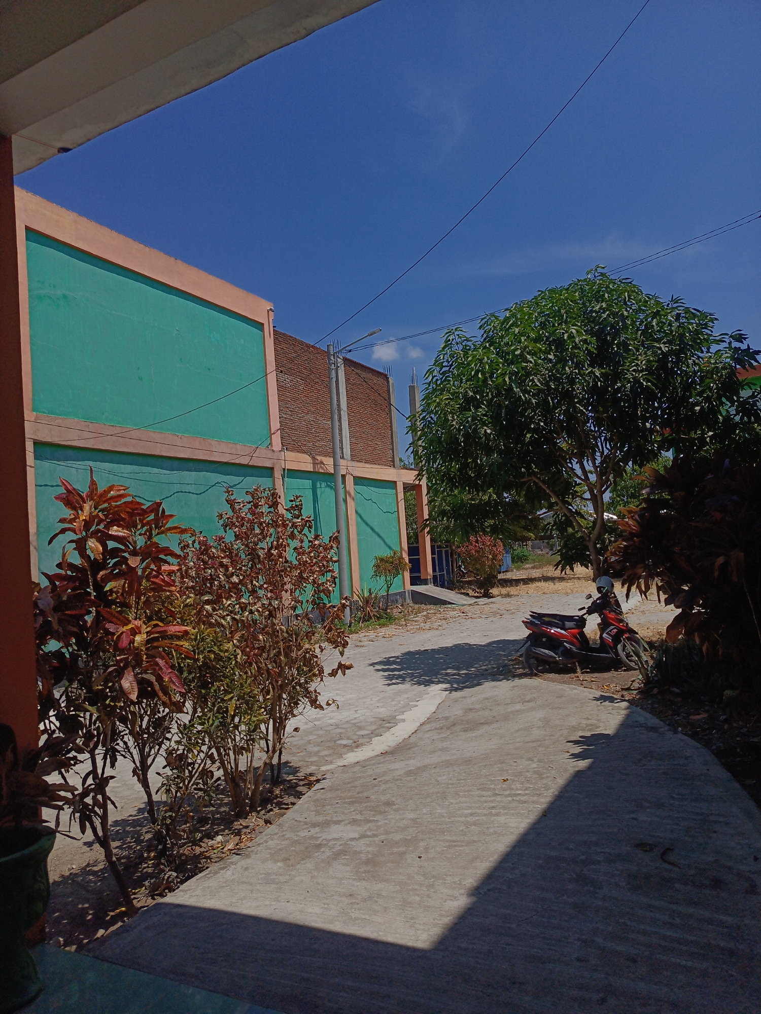 In Majelling Watang, Indonesia, a red motorcycle is parked on a paved walkway under a clear blue sky. The walkway curves to the right, bordered by a long, teal-colored building with a pale orange trim on its upper edge. To the left of the walkway, several plants with reddish-brown and green leaves are growing. Behind the teal building, a brick structure is visible, and further back, a large, leafy green tree stands, casting a shadow on the walkway. A lamppost is situated near the brick building. The scene is illuminated by bright sunlight, creating distinct shadows.