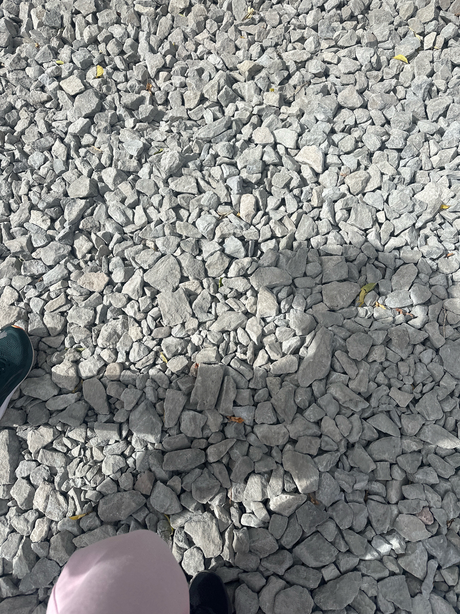 The image shows a close-up, overhead view of a gravel path with a person's feet visible at the bottom. The gravel is predominantly gray and consists of various sizes and shapes of broken stones, with some smaller pebbles mixed in. There are a few scattered yellow and brown leaves on the gravel. Sunlight casts shadows across the path, indicating it is outdoors during the day. The person's feet are wearing a dark green athletic shoe on the left and a light pink garment, possibly a skirt or leggings, and a black shoe on the right. The scene is devoid of any specific architectural features or landmarks that would allow for precise identification of a location within Gyumri, Armenia, beyond it being an outdoor, unpaved surface.
