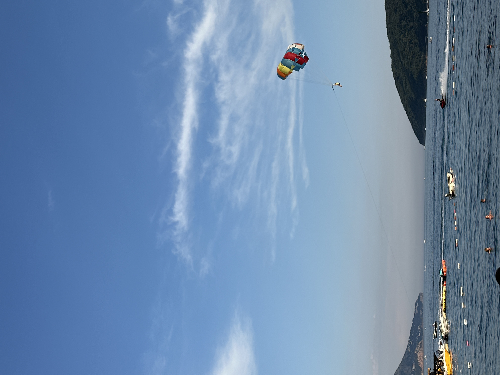 A parasailer is being towed by a boat across a clear blue sky above the Adriatic Sea near Budva, Montenegro. The parasail canopy is multi-colored, with segments of yellow, red, blue, and white. The parasailer, wearing a yellow top, is suspended in the air by a harness. In the foreground, the calm sea is dotted with several boats, including a yellow boat on the left and a red jet ski leaving a wake on the right. Bouy lines mark off areas in the water. The background features two green, tree-covered hillsides flanking the sea, with a sliver of coastline visible in the distance. The sky is bright blue with thin, wispy white clouds.