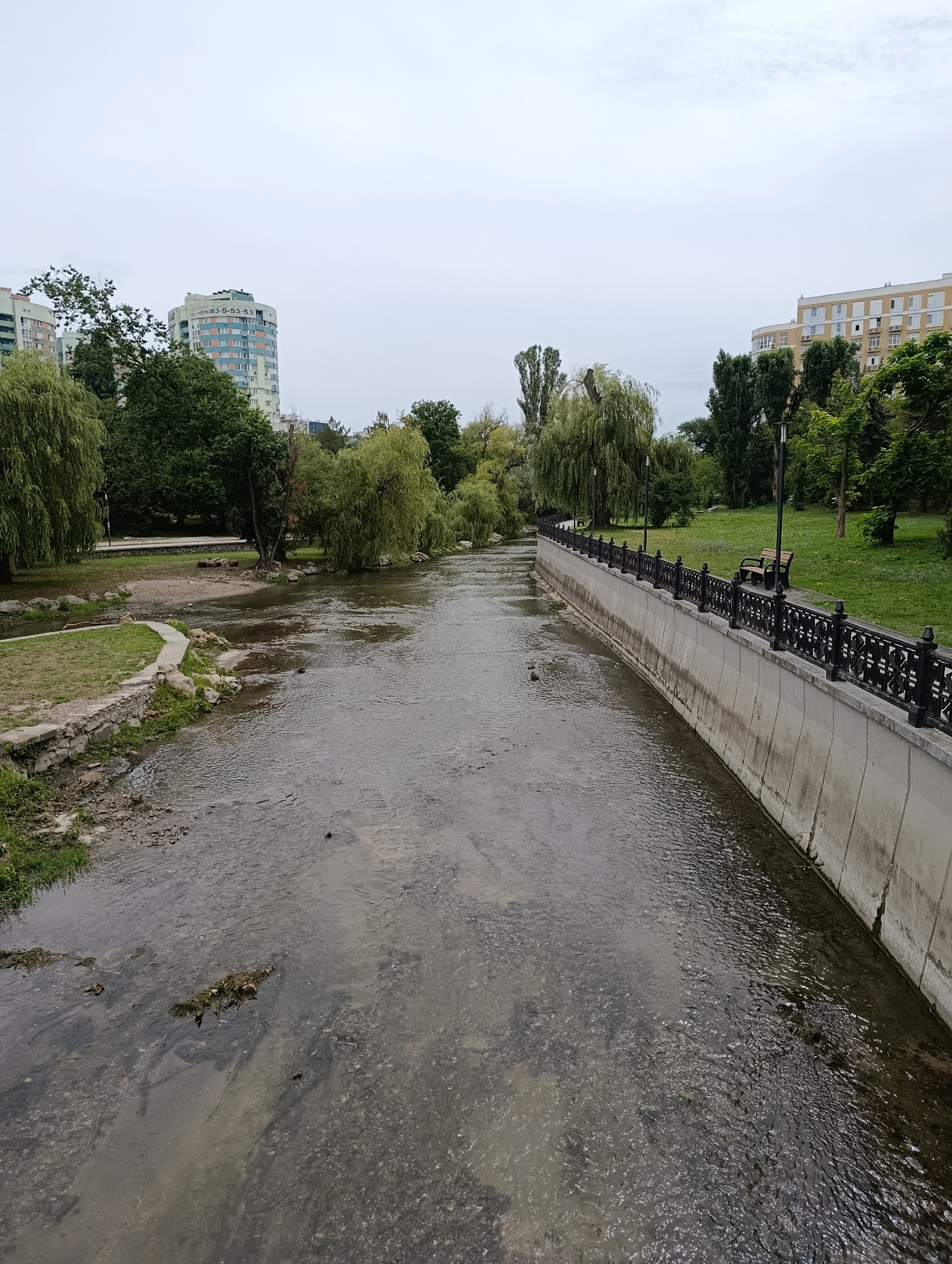 The image depicts a view of the Salgir River in Simferopol, Ukraine, on an overcast day. The river flows from the foreground towards the background, with a concrete embankment and black decorative railing lining the right bank. Beyond the railing, a grassy park area is visible, featuring several trees and a park bench. In the distance, along the left bank, there are trees, some grass, and a paved walkway. Several multi-story buildings are visible in the background beyond the trees. The water in the river is shallow and somewhat murky, with visible rocks and debris on the riverbed. The overall scene suggests an urban park setting.