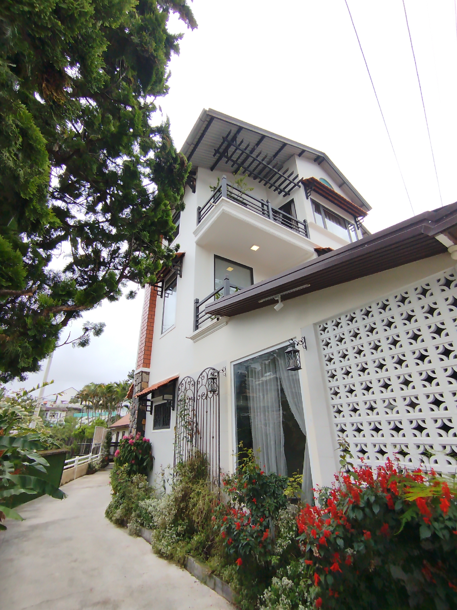 The image captures a multi-story, white-walled building, likely a house or guesthouse, set amidst lush greenery in Da Lat, Vietnam. The building features dark brown roof eaves and multiple balconies with black metal railings. A prominent architectural detail is a decorative white concrete screen with a repeating circular pattern on the right side of the facade. Below this, a large window fitted with white sheer curtains and an ornate black exterior lantern are visible.
To the left, a large, dense coniferous tree frames the scene, its green foliage partially obscuring the upper parts of the building. A paved pathway or driveway curves along the front, bordered by vibrant garden beds. These beds are filled with a variety of plants, including striking red flowering plants, possibly Salvia splendens, and smaller white-blooming bushes. A rustic stone and red brick structure, resembling a chimney or column, is visible on the building's left side, accompanied by small awnings over some windows.
In the background, other buildings and palm trees are discernable, suggesting a residential or resort-like environment. Power lines extend across the bright, overcast sky in the upper right corner. The scene is static, with no people or specific activities taking place. It depicts a calm daytime setting under diffused natural light, indicative of an overcast day. No visible text is present. The overall impression is one of a charming, well-kept property, characteristic of the scenic and verdant landscape of Da Lat.