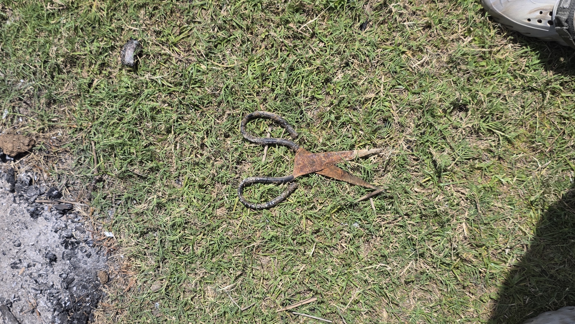 Location: Ba Ngoi Ward, Vietnam.
Scene: An outdoor grassy area.
Objects: A pair of rusted scissors lying on the grass, a pile of ash from a fire, a small piece of trash, a partially visible shoe.
Environment: The grassy area appears uneven.
