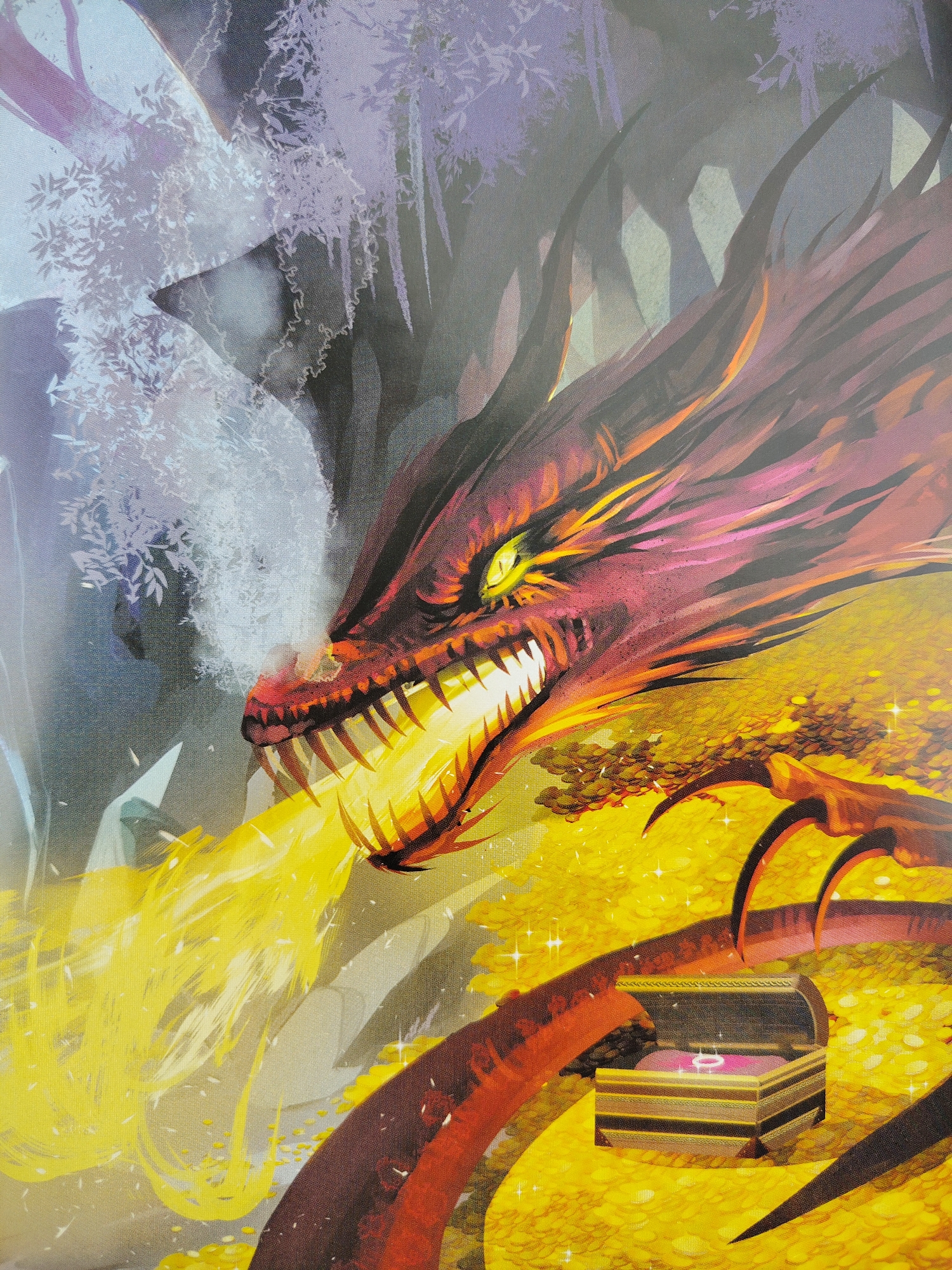 This is a close-up, dynamic illustration of a fierce red dragon breathing a torrent of bright yellow fire. The dragon's head dominates the frame, with sharp, jagged teeth bared and its yellow eyes glowing with intensity. Its scales are a vibrant mix of red, orange, and purple, with a mane-like frill of darker spikes running down its neck.
The dragon is positioned over a treasure hoard, predominantly composed of glittering gold coins. A small, ornate wooden chest sits open amidst the coins, revealing a pink cushion and a single, delicate ring. The dragon's dark, clawed limbs are also visible, partially submerged in the treasure.
In the background, a shadowy, mystical forest is depicted. Tall, dark trees with spiky silhouettes are suggested, intertwined with wisps of purple and white fog or mist. The overall atmosphere is one of power, danger, and the allure of hidden riches. The lighting is dramatic, with strong highlights on the dragon's scales and the gold, creating a sense of magical energy. The scene appears to be set in a fantasy realm, possibly a dragon's lair. There is no visible text.