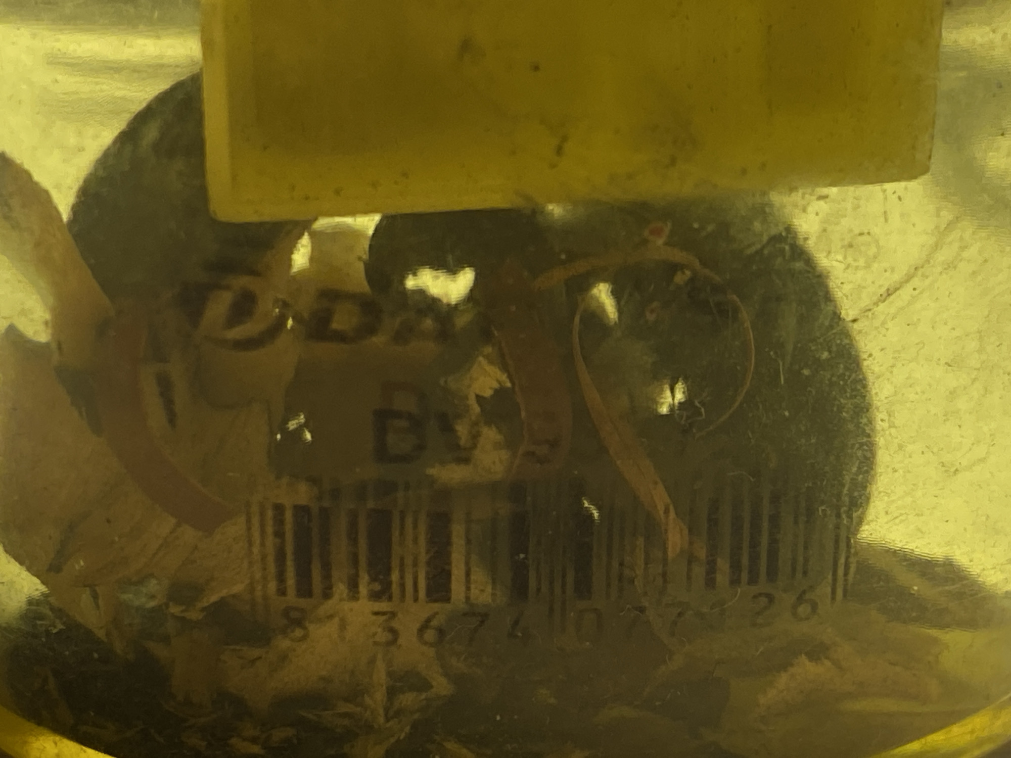 The image shows a close-up of what appears to be a piece of evidence, possibly a barcode or label, partially submerged in a yellowish liquid. The label has some dark text and a barcode printed on it. The surrounding environment is murky and appears to be some sort of container. There is no discernible information to suggest a location in Warsaw, Poland, or any other specific geographical context. The overall scene is consistent with the examination of an item in a laboratory or investigative setting.