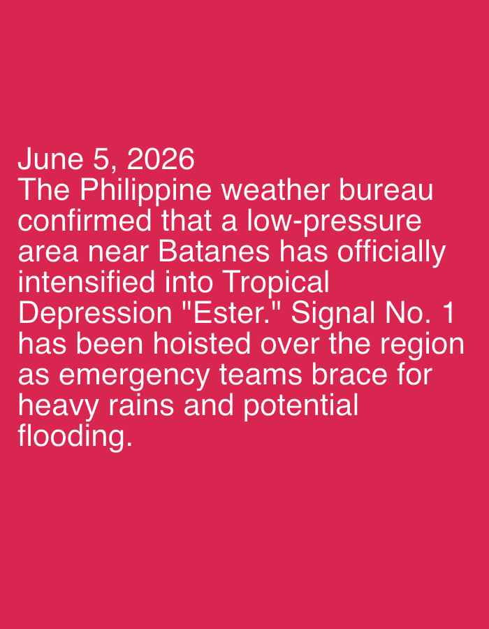 The image displays white text against a solid, vibrant magenta background. There are no people, objects, or a discernable scene depicted. The entire visual content is a textual announcement.
The visible text is dated "June 5, 2026" and reports on a significant weather event. It states that "The Philippine weather bureau confirmed that a low-pressure area near Batanes has officially intensified into Tropical Depression 'Ester.'" Furthermore, "Signal No. 1 has been hoisted over the region as emergency teams brace for heavy rains and potential flooding."
The text describes an unfolding weather situation in the Philippines, specifically near Batanes, indicating a low-pressure area has escalated into a tropical depression named "Ester." This has prompted the issuance of Public Storm Warning Signal No. 1, signifying preparedness among emergency teams for anticipated heavy rainfall and possible flooding. The information suggests an urgent advisory regarding severe weather.
The image functions as a text-based news update or public announcement, rather than a photograph of an event or location. While the provided location context is Lhokseumawe, Indonesia, the content of the text explicitly refers to a weather event in the Philippines.