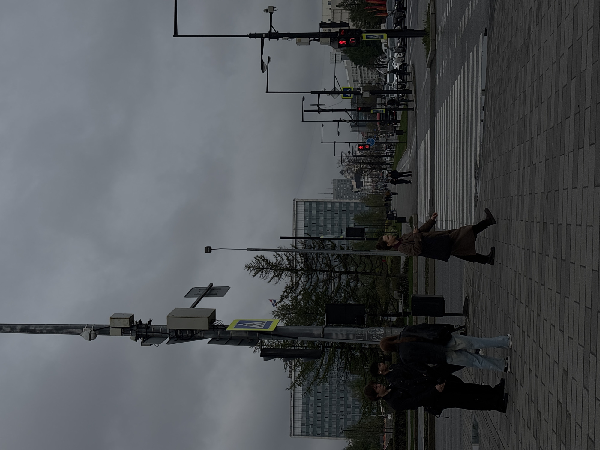 The image depicts a street scene in Perm, Russia, under an overcast sky. In the foreground, three individuals stand on a brick-paved sidewalk. One is clad in a black jacket, another in a dark jacket with blue jeans, and a third is partially visible. Further along the sidewalk, a person in a brown coat stands with arms outstretched, apparently in a pose. A pedestrian crossing is visible, with red traffic lights indicating "do not walk." The background features a row of streetlights and buildings, including a large apartment block with multiple windows. The environment is urban and appears to be a moderately busy street.