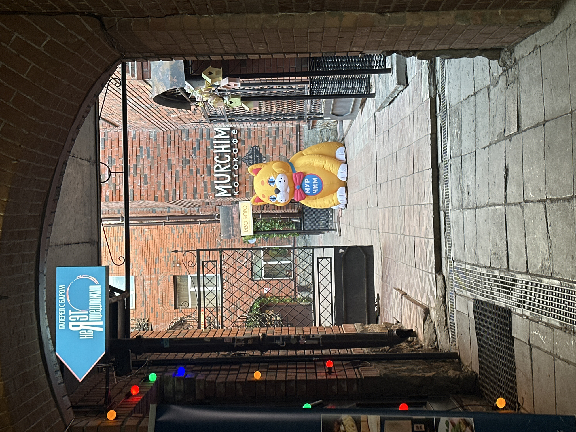 An outdoor view through an arched brick structure reveals a narrow brick-paved alleyway in Novosibirsk, Russia. A large, yellow, cartoon-like cat figure stands on the pavement, with a blue bow and Russian text "Мурчим". A sign on a brick building reads "Murchim котокафе". To the left, a blue sign says "Галерея с баром". String lights with red, orange, green, and blue bulbs hang nearby. The walls of the alleyway are constructed from red brick and gray stone blocks. A black metal gate is visible further down the alleyway. A partially visible menu board is at the bottom of the image.