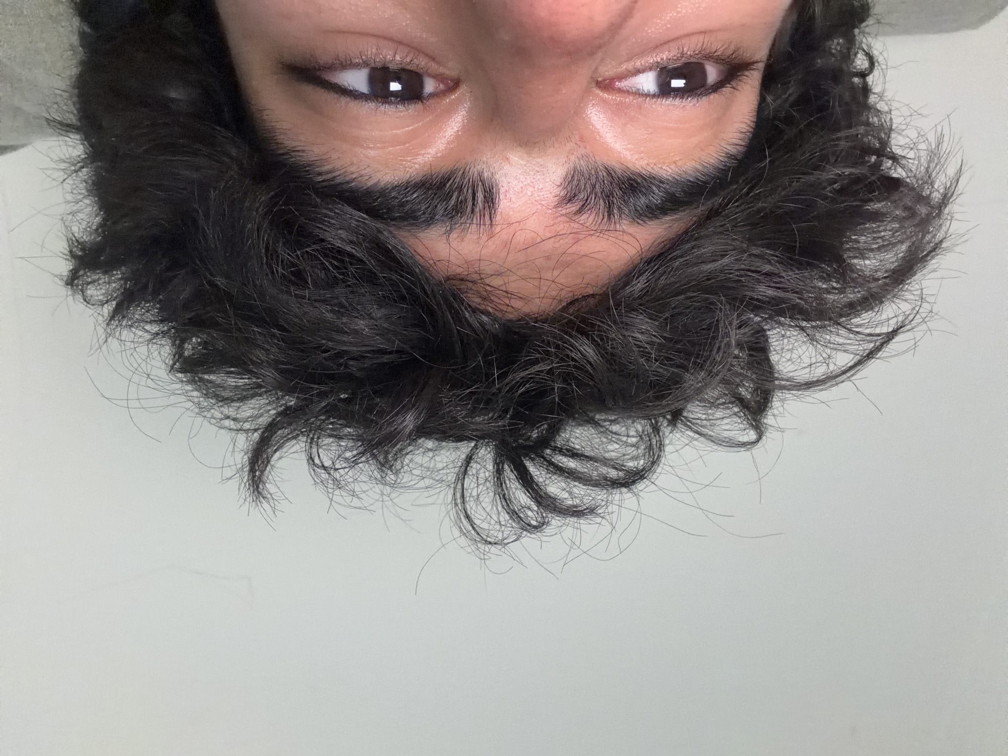 An upside-down close-up of a person's face focusing on the eyes, eyebrows, and hair. The eyes are dark brown with visible eyelashes. The eyebrows are thick and dark. The hair is black, curly, and falls downward. The background is a neutral gray color. There is no identifiable location in Podgorica, Montenegro in the image.