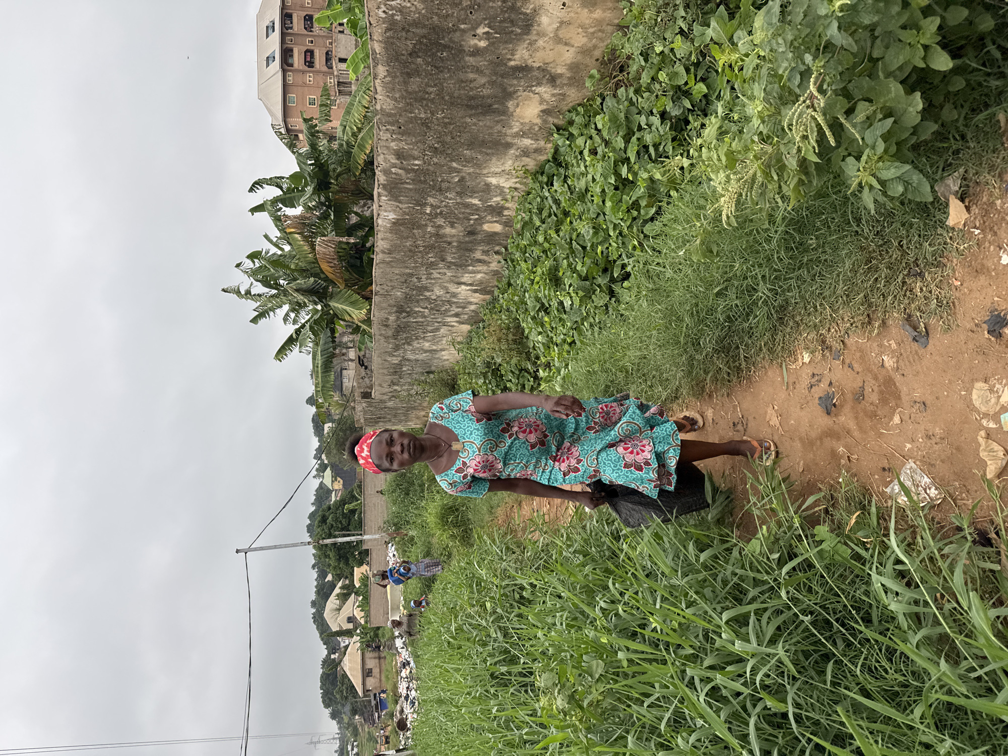 A woman wearing a green and pink floral dress and a red headband stands on a dirt path in Nkpor, Nigeria. She is holding a black bag. The path is bordered by tall green grass and weeds. Behind her is a concrete wall, with lush green vegetation growing on the other side. In the distance, there is a building and houses. Overhead power lines are visible. The sky is overcast. The scene suggests a rural-urban fringe area, with a mix of residential and natural elements. People are collecting trash in the background.