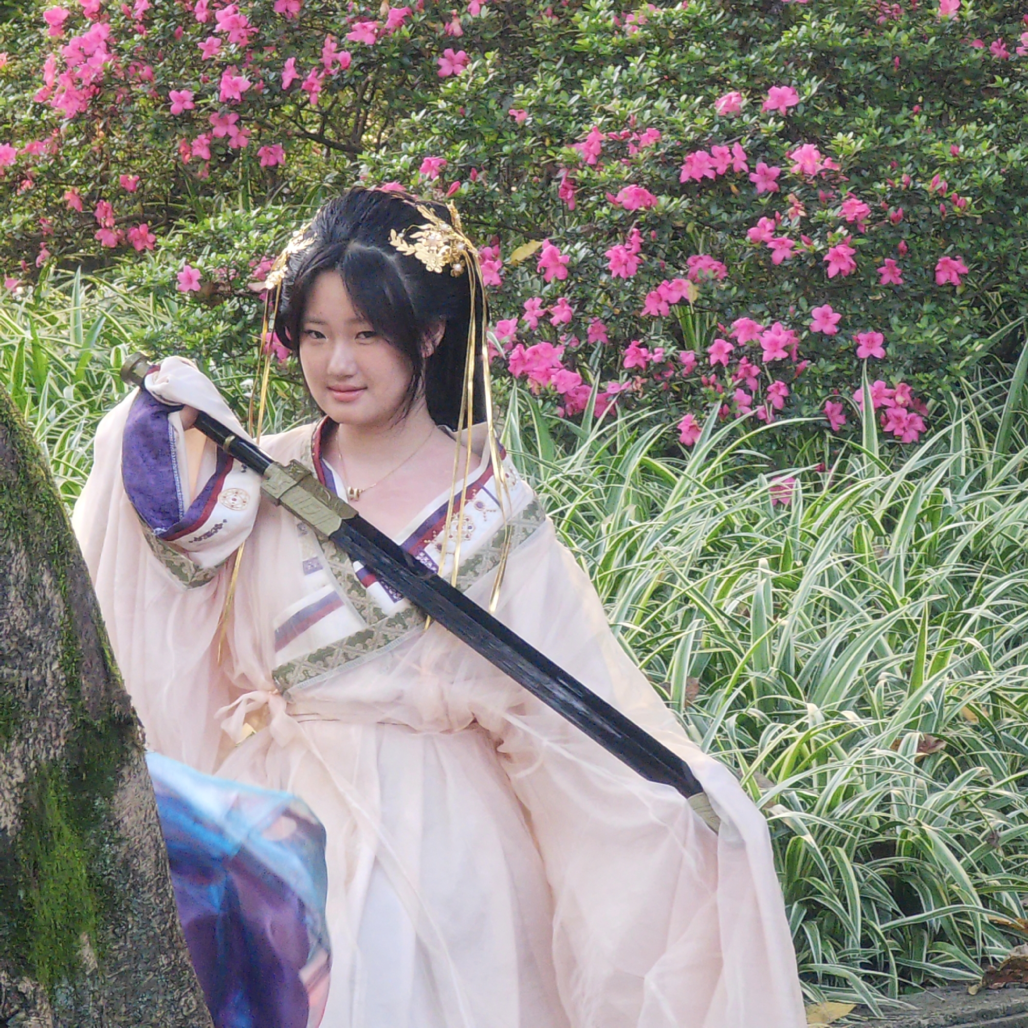 A young woman in traditional Chinese attire poses in a park. She holds a black sheathed sword with purple and white fabric wrapped around the handle. The woman has black hair adorned with gold ornamental hair clips and wears a light pink hanfu. Behind her is a bush with bright pink flowers, and tall grass with white stripes grows nearby. The scene is outdoors, with a moss-covered tree trunk visible on the left. The location is Yuzhong District, China.