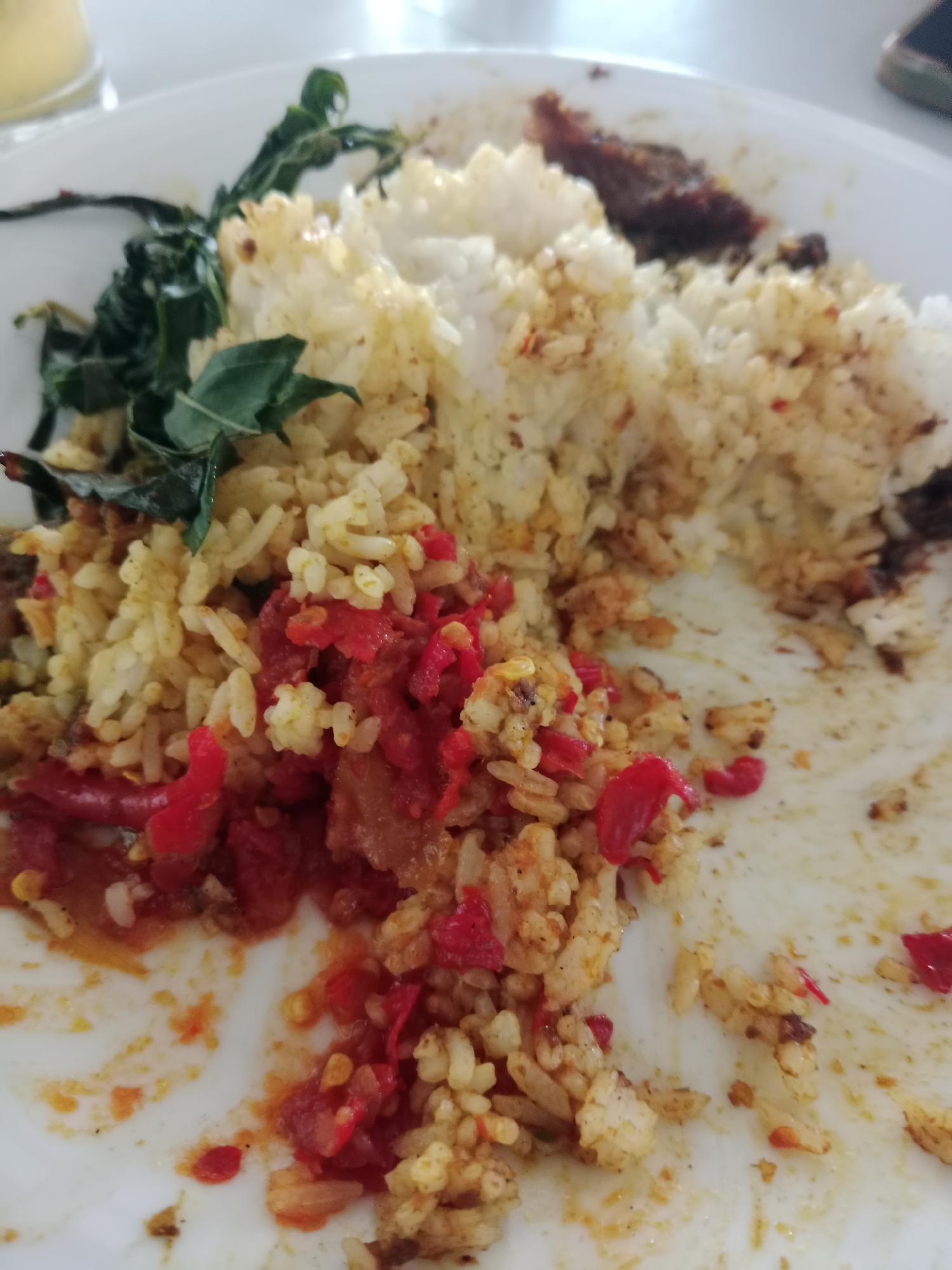 A plate of food, consisting of rice, chili sauce, and greens, is shown in this close-up, slightly blurry image. The food is likely a portion of Nasi Goreng, a popular Indonesian fried rice dish, given the presence of rice, chili, and savory spices. The location is identified as West Jakarta, Indonesia. The plate is white and sits on a white surface, possibly a table. The lighting appears to be natural, suggesting the image was taken during the day. There are no people or other objects visible in the frame. The food appears to be partially eaten, with some portions scattered across the plate.