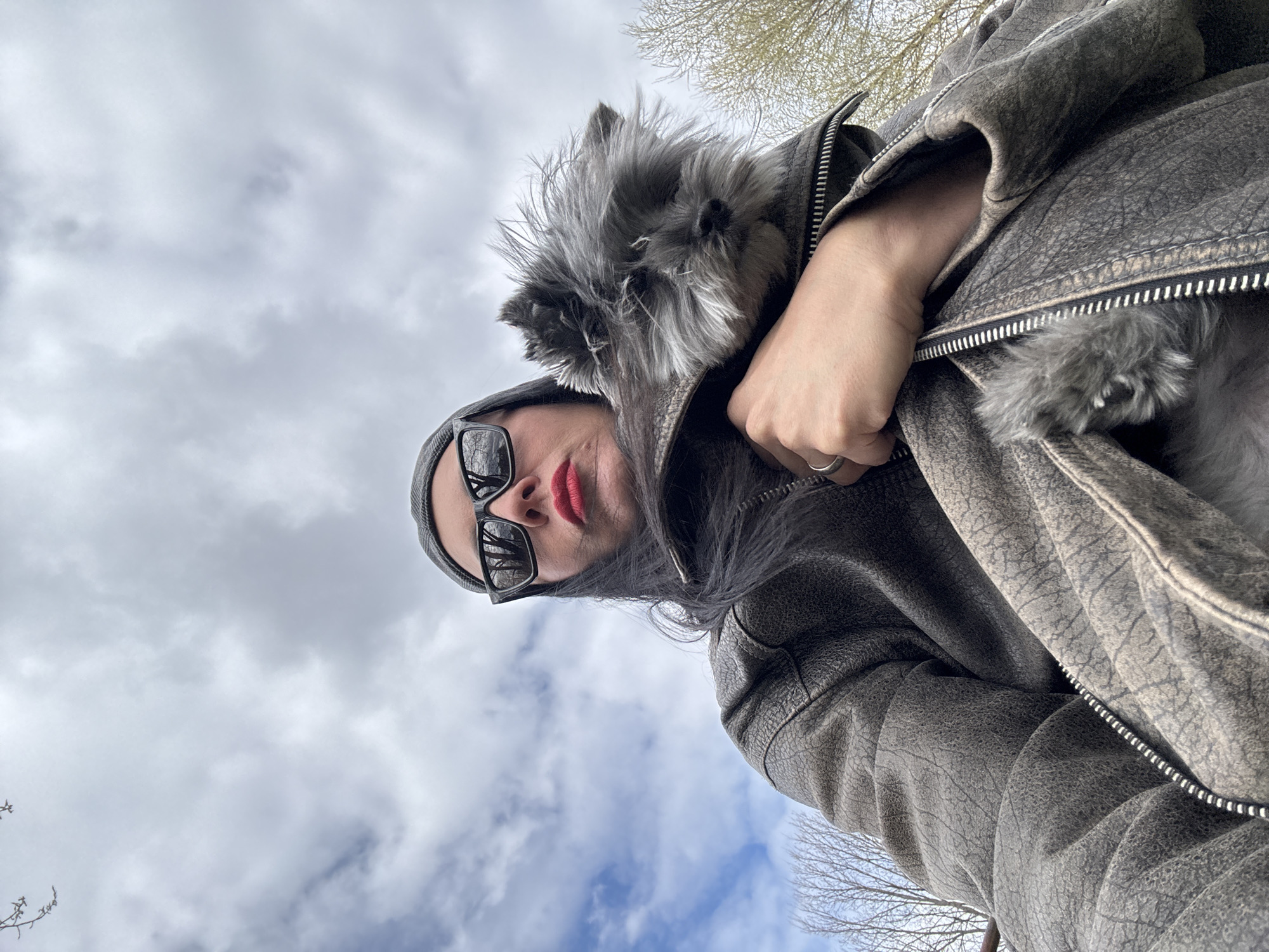 A woman stands in an outdoor setting under a sky with white and gray clouds, possibly in Chaikovsky, Russia, although there is no clear evidence of this location in the image. She is wearing a gray beanie, black sunglasses, and bright red lipstick. She is bundled in a gray leather jacket with visible zippers and what appears to be fur trim along the zipper area. A small, gray, fluffy dog is nestled in the jacket's opening, held close to the woman. The photo is taken from a low angle, looking upward. Sparse bare tree branches are visible in the background.