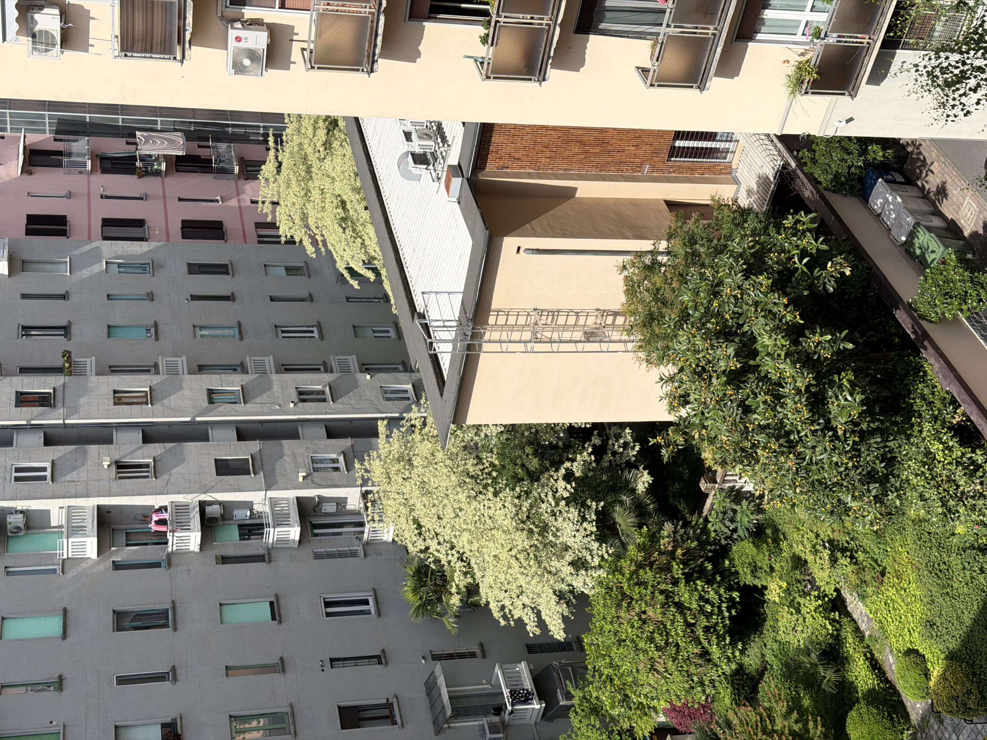 The image is an elevated view of a courtyard in an urban area, likely Milan, Italy. Several multi-story buildings with varying architectural styles and colors surround a green courtyard. One building has a light beige facade with balconies. Another building is painted pink and gray. Trees and dense vegetation fill the courtyard. Metal stairs connect rooftops. There are no people visible.