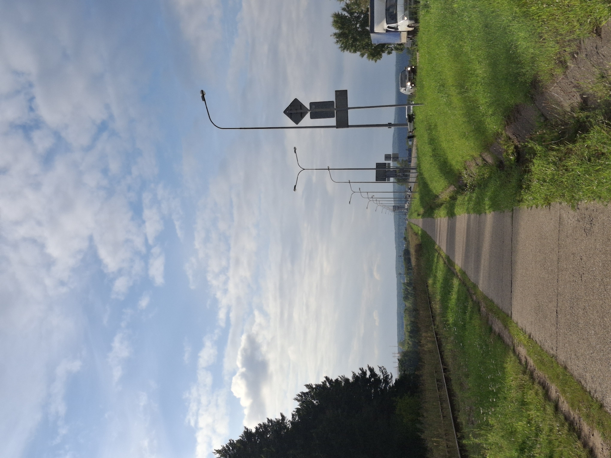 The image shows a paved walking path next to a set of railroad tracks, bordered by a grassy verge on the left and a drainage ditch on the right. A line of streetlights and road signs runs parallel to a road where vehicles are visible in the distance. A dark conifer forest borders the railroad tracks on the far left. The sky is partly cloudy. This scene is likely located on the outskirts of Chaikovsky, Russia, given the infrastructure and natural landscape.