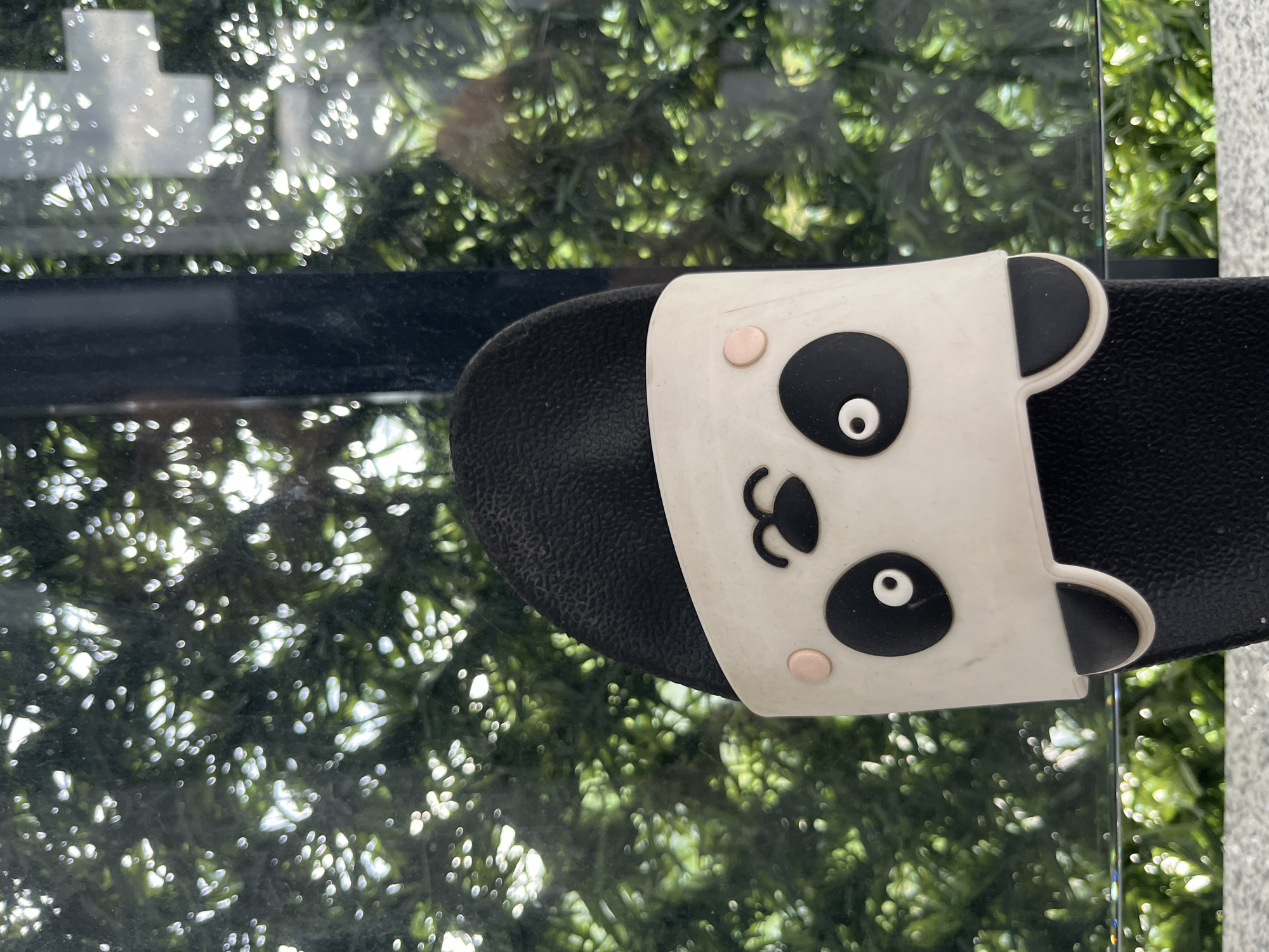 The image shows a panda-themed sandal resting on a glass surface. The background features blurry foliage and indistinct reflections, possibly indicating a park or garden setting. Based on the prompt, the location is inferred to be Varna, Bulgaria, though no visual evidence confirms this.