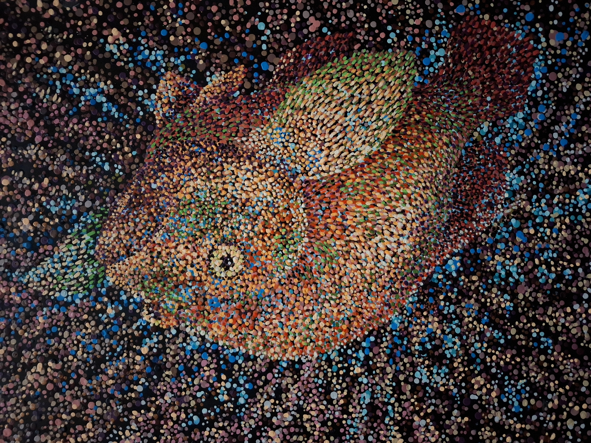 A pointillist style painting of a fish against a black background speckled with blue, pink, and tan dots. The fish is primarily orange, red, and green, made up of tightly packed dots of color. It has a discernible eye and fins. The painting appears to be an indoor piece of art.