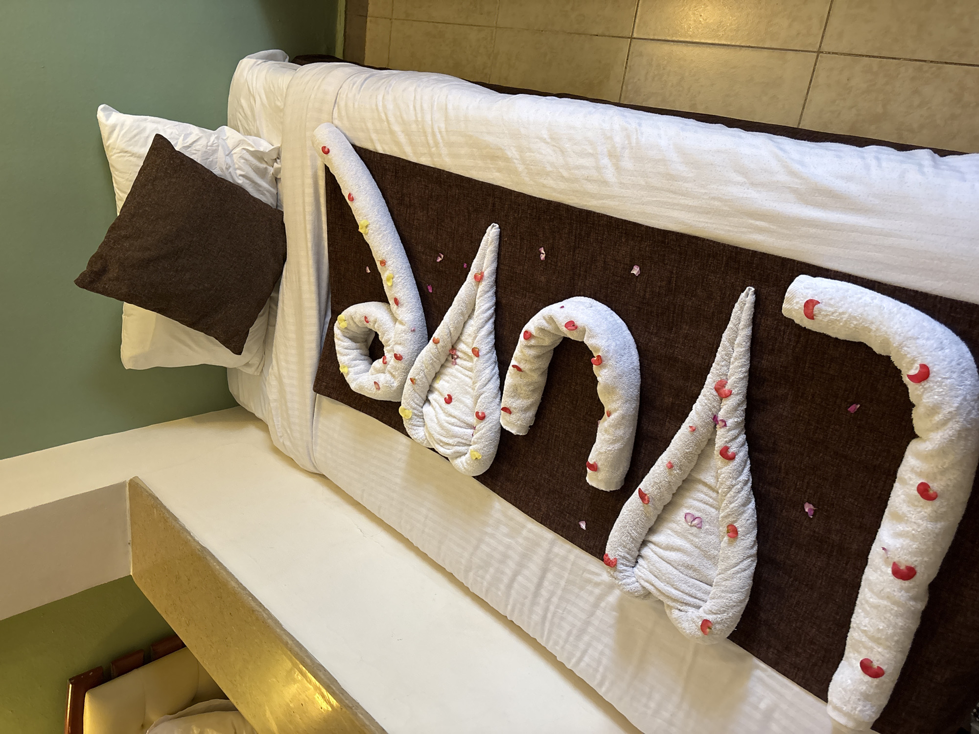 A high-angle indoor shot displays a bed in what appears to be a hotel room. The bed is adorned with a white comforter and pillows, including a dark brown square pillow in the upper left corner. Arranged on a brown runner across the bed are white towels folded into shapes resembling letters, scattered with red and yellow flower petals. The wall behind the bed is covered in light brown tiles. To the left of the bed, there's a ledge or headboard, painted in off-white. The left wall of the room is painted green. The precise location is "Unknown, Unknown."