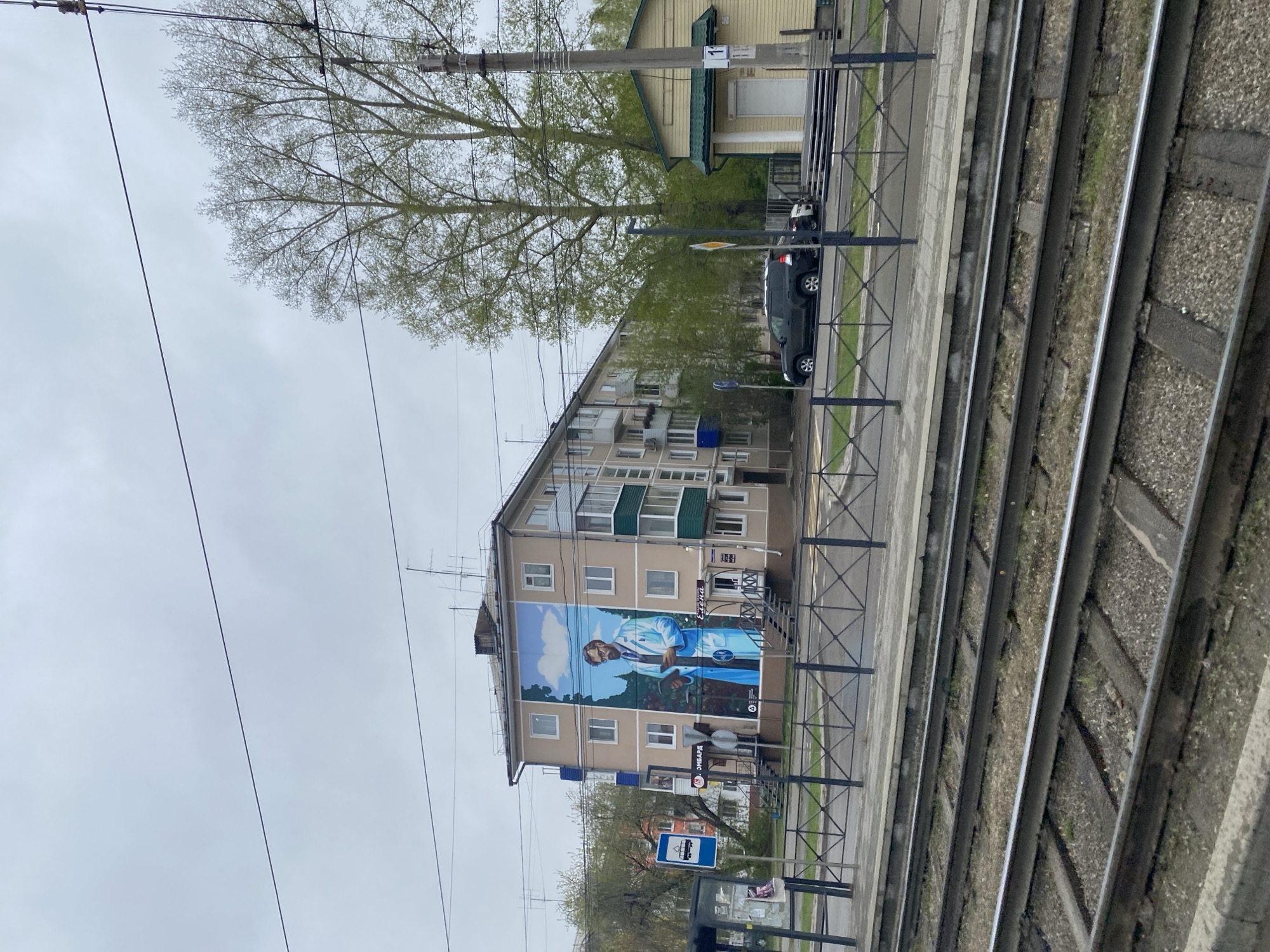 The image shows an exterior view in Usolye-Sibirskoye, Russia. An apartment building with a large mural depicting a man in a medical coat is visible. There's an adjacent trolleybus stop with signage. A black car is parked along the street. Trees are present, and trolley tracks run in the foreground. The sky appears overcast.