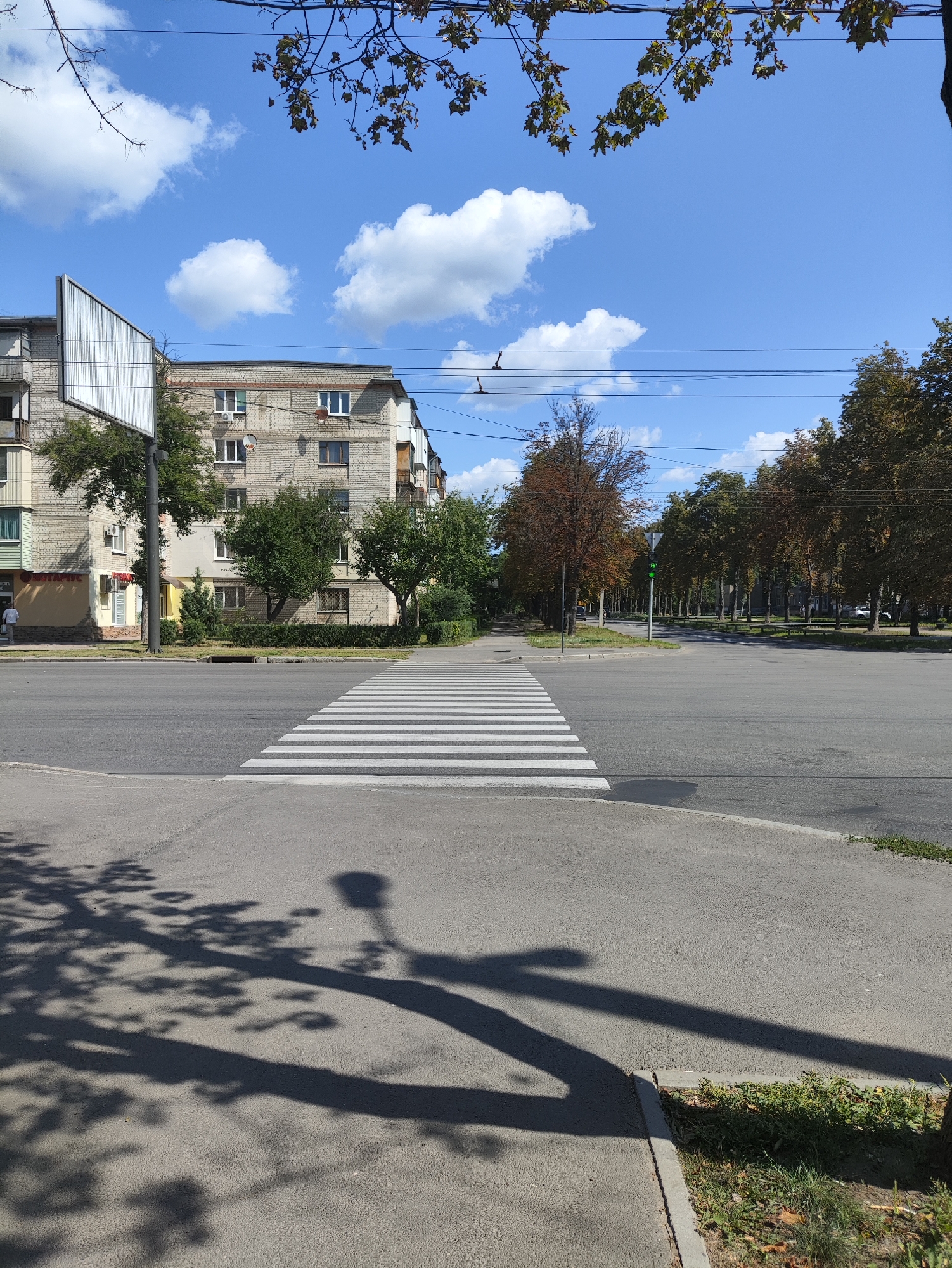 The image depicts a clear day with blue skies and white clouds, likely taken in Kharkiv, Ukraine. In the foreground, a pedestrian crossing is visible, marked by white stripes on the asphalt road. To the left of the crossing, a grey sidewalk leads towards a building made of light-colored bricks, with several windows and balconies. Trees with green and brown foliage line the street, some appearing to be transitioning into autumn colors. Overhead, power lines are strung between poles. The background shows more trees and buildings, suggesting an urban environment. Shadows of trees and a lamppost are cast on the pavement in the foreground. A single person in a light-colored shirt and dark pants can be seen walking on the sidewalk to the far left.