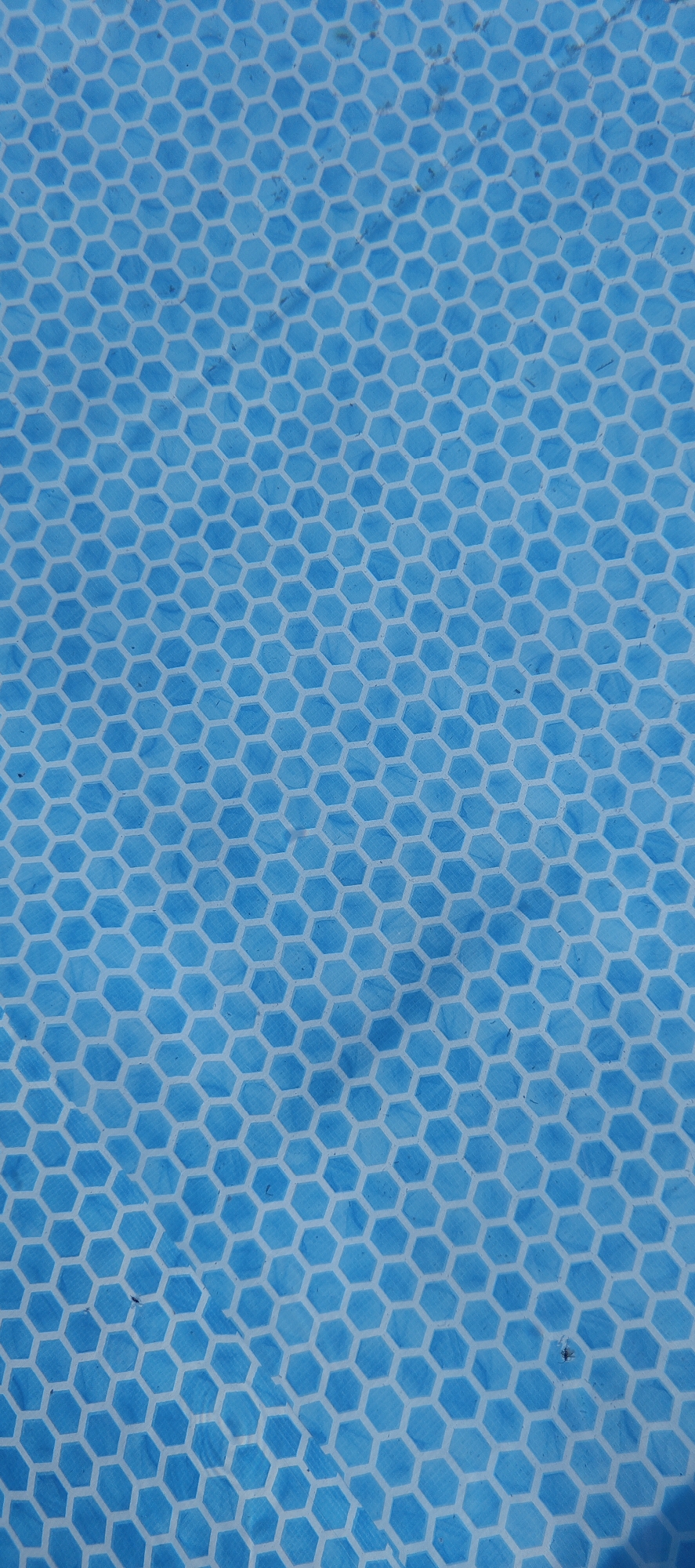 The image displays a close-up, overhead view of a blue surface with a hexagonal grid pattern. The pattern appears to be a textured or raised design on the blue material. The blue color varies slightly in shade, suggesting a water-like or plastic surface. There are no people, buildings, or any discernable urban features present. The scene is abstract and focuses solely on the repeating geometric pattern. There is no information that can link this image to Gorno-Altaysk, Russia.