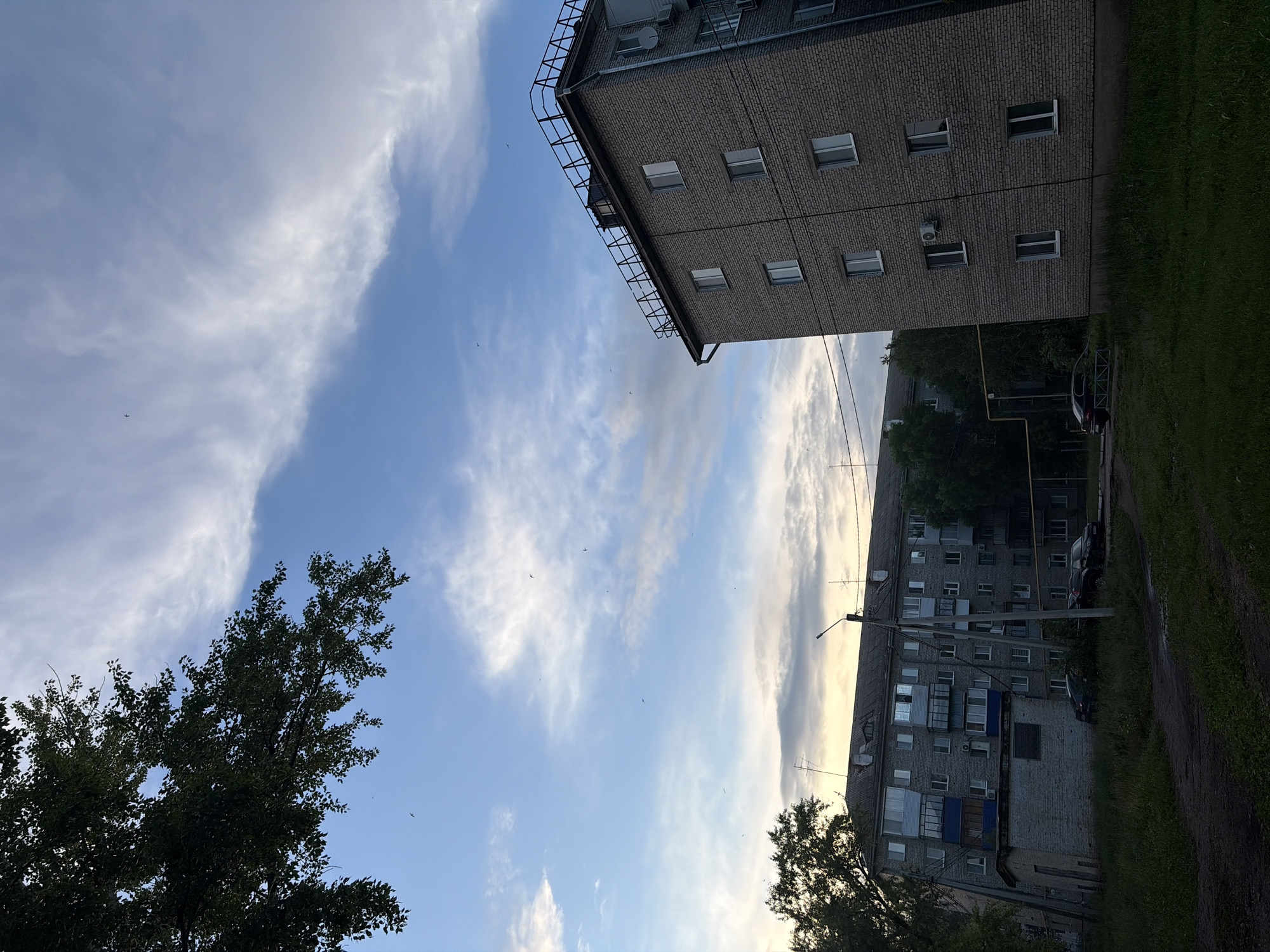 This image captures a residential street scene in Tuymazy, Russia, during what appears to be dusk or early evening. The sky, occupying the upper two-thirds of the frame, displays a gradient from light blue to a more muted grey-orange near the horizon on the left, with scattered wispy white clouds and darker, denser cloud formations further down. Numerous small, dark specks, identifiable as birds, are visible against the sky.
In the foreground, the ground consists of unkempt grassy areas with visible dirt paths. Two multi-story apartment buildings dominate the mid-ground and background. The building on the right is a five-story, light-grey brick structure with regularly spaced white-framed windows. Its flat roof is equipped with a dark metal railing system. An air conditioning unit is affixed to the exterior wall. To the left, a larger, longer multi-story grey brick apartment building stands further back, featuring various balcony designs, some enclosed with blue panels, and multiple antennas on its dark, sloped roof. In front of this larger building, a utility pole with overhead wires is present, alongside visible yellow pipes running horizontally, likely for gas. A small, single-story, light-colored brick outbuilding is situated in front of the left apartment building.
Dark green tree foliage extends into the top left corner of the image, and additional trees are visible between and behind the buildings. Several dark-colored cars are parked in the unpaved areas between the buildings and the small outbuilding. No people are discernible within the frame. The overall lighting is dim, casting shadows and highlighting the sky's colors.