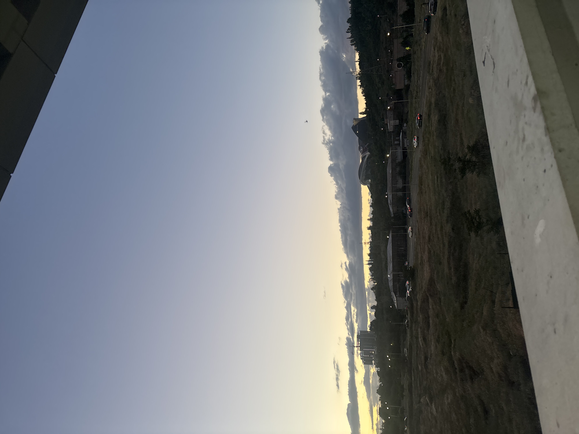 This image, taken from an elevated perspective, captures a wide landscape view at what appears to be dusk or dawn, with the location identified as Yerevan, Armenia. The original image is rotated 90 degrees counter-clockwise.
The upper portion of the frame is dominated by a clear sky, transitioning from a light blue hue at the top to a warm, yellowish-orange glow closer to the horizon. A prominent band of dark, elongated clouds stretches across the sky, just above the distant treeline, suggesting varied atmospheric conditions. A tiny, dark, indistinct object, possibly a bird or drone, is visible in the expanse of the sky.
The middle ground features a dense line of dark green trees, forming a natural horizon. Interspersed within and behind the trees are several buildings. To the left, a multi-story building with a modern facade is visible, possibly under construction or an office/residential complex. Further to the right, another distinct building with a curved roof stands out. A road runs through the scene, with several cars, mostly light-colored, suggesting ongoing traffic. The artificial lights of the road and some buildings are faintly visible, supporting the interpretation of either early morning or late evening.
The foreground on the right side consists of an extensive, somewhat dry, yellowish-brown grassy or brush-covered field. A textured, off-white concrete wall or railing, likely part of the vantage point, frames the right edge of the photograph. No explicit human activity other than distant traffic is clearly discernible, nor is any visible text. The overall scene conveys a tranquil, transitional moment in an urban edge environment.