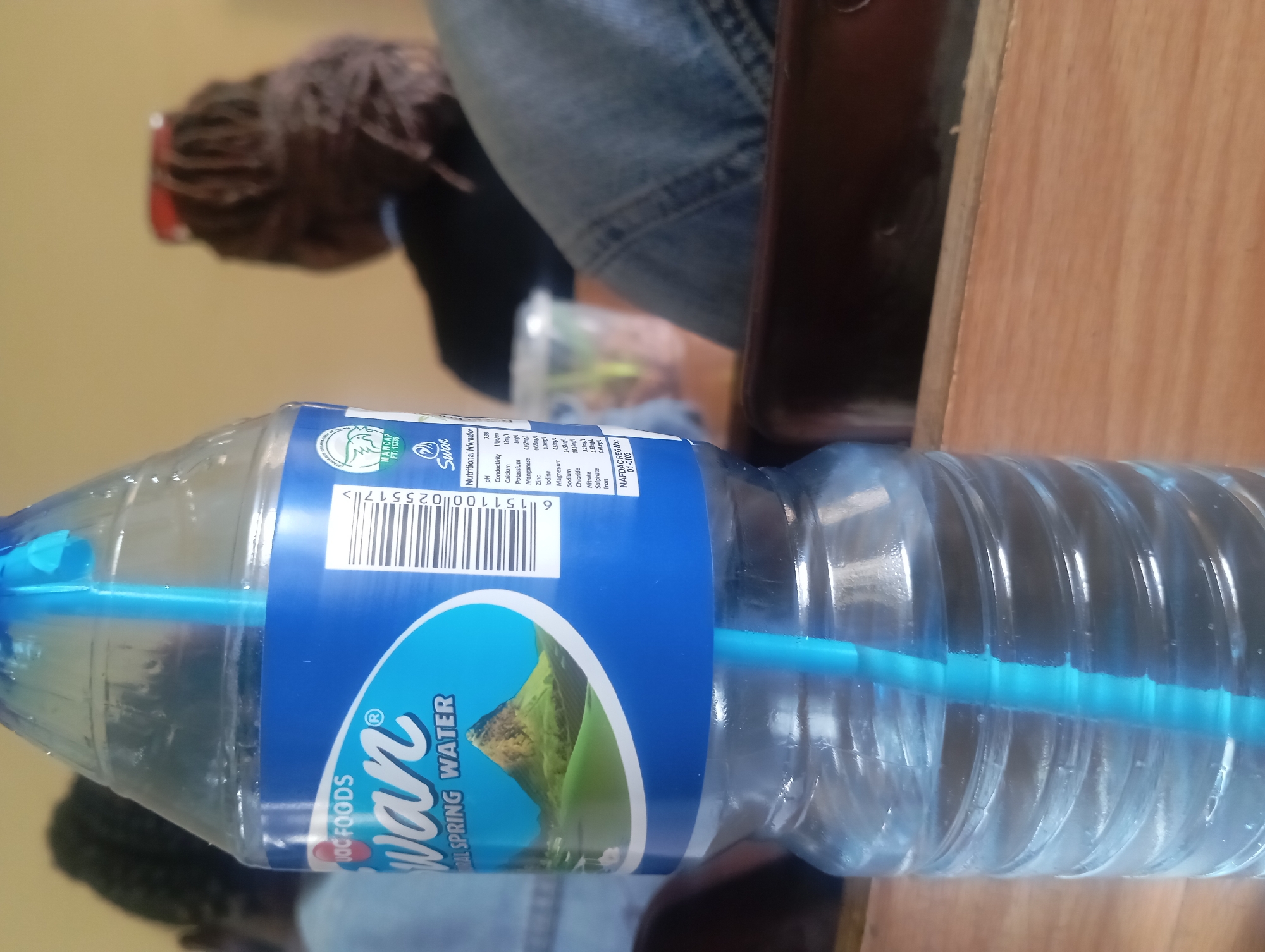 An upright, partially filled plastic bottle of Swan Natural Spring Water, with a blue straw visible inside, sits on a wooden table in the foreground. The bottle's label, predominantly blue and white, displays the brand name "Swan" in large cursive letters, along with the text "NATURAL SPRING WATER" and an image of a mountain landscape. A barcode and nutritional information are also printed on the label. In the background, out of focus, are three individuals, two women and one person whose gender is not discernible. One woman, on the left, is facing away from the camera, with dark hair pulled back. Another woman, in the center, is also facing away, her dark, braided hair adorned with a red object. The third person, on the right, is wearing denim clothing and is partially visible. The environment appears to be indoors, possibly a meeting room or cafeteria, with a light-colored wall behind the individuals.