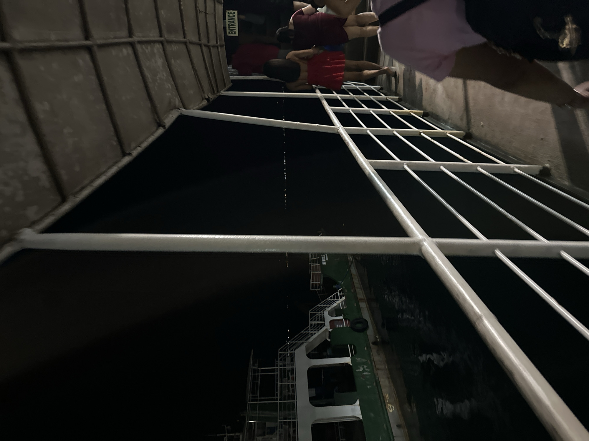 This nighttime image, captured in Davao City, Philippines, depicts a port scene from a raised walkway or gangway, looking downwards towards a docked vessel.
On the elevated walkway, several individuals are visible, appearing to wait or move along the path. One person is dressed in a maroon top, another in a red top, and a third in a light pink or purple top carrying a dark bag. To the left of the walkway, a concrete wall-like structure features a sign with the word "ENTRANCE" clearly legible in white lettering against a dark background.
A prominent white metal railing, composed of horizontal and vertical bars, spans the right side of the foreground. Beneath the walkway, a large ship or ferry is docked. Its distinct green and white hull, along with visible stairs and superstructure, is partially illuminated by artificial lights. The surrounding water is dark, reflecting minimal light, characteristic of a night scene. Fine, bright vertical streaks, possibly illuminated water droplets or reflections, are visible in the dark space between the gangway and the ship. The overall atmosphere suggests an evening of travel or commuting.