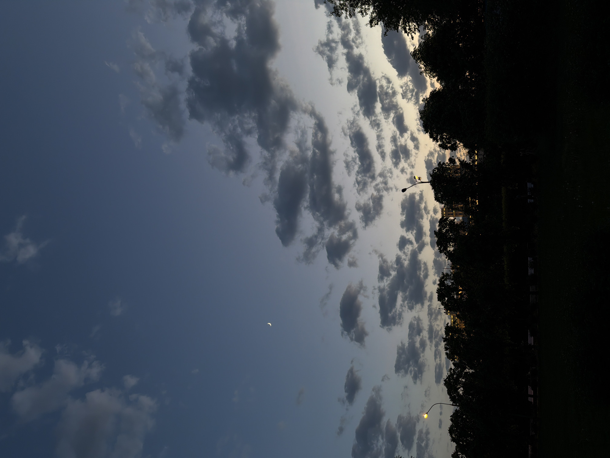 The image shows a dusk scene, likely in Moscow, Russia, given the sky conditions and architectural details potentially visible. The sky occupies the majority of the frame, displaying a mix of blue hues and cumuliform clouds. A crescent moon is visible. In the lower right, silhouetted trees and potentially buildings are present. A few streetlights are illuminated. The image is rotated clockwise.