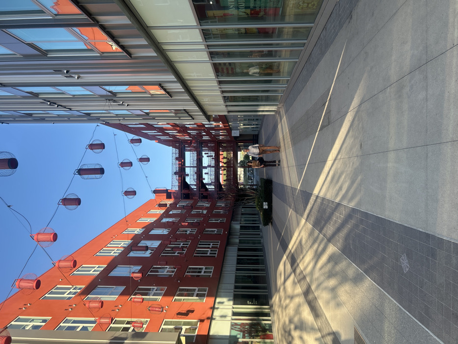 The image depicts an outdoor pedestrian plaza at Blossom Plaza in Chinatown, Los Angeles, California, under a clear blue sky. The plaza is bordered by multi-story buildings. On the left, a reddish-orange structure features multiple white-framed windows and ground-level glass storefronts. On the right, a greyish-silver paneled building presents numerous large windows and ground-level glass storefronts, one reflecting a partial human figure. In the background, multiple red-colored, open-air, multi-level walkways connect sections of the buildings. Overhead, numerous red, cylindrical, lantern-like objects are suspended by wires strung across the plaza. The paved walkway, composed of light and dark grey rectangular tiles, exhibits long, distinct shadows cast by the buildings and overhead structures. Two adult individuals are present, walking away from the camera, side-by-side, along the center of the plaza towards the background. The individual on the left wears dark clothing and carries a dark shoulder bag. The individual on the right wears a light-colored collared shirt and tan trousers. A small, low planter with sparse vegetation is located in the mid-ground of the walkway.
