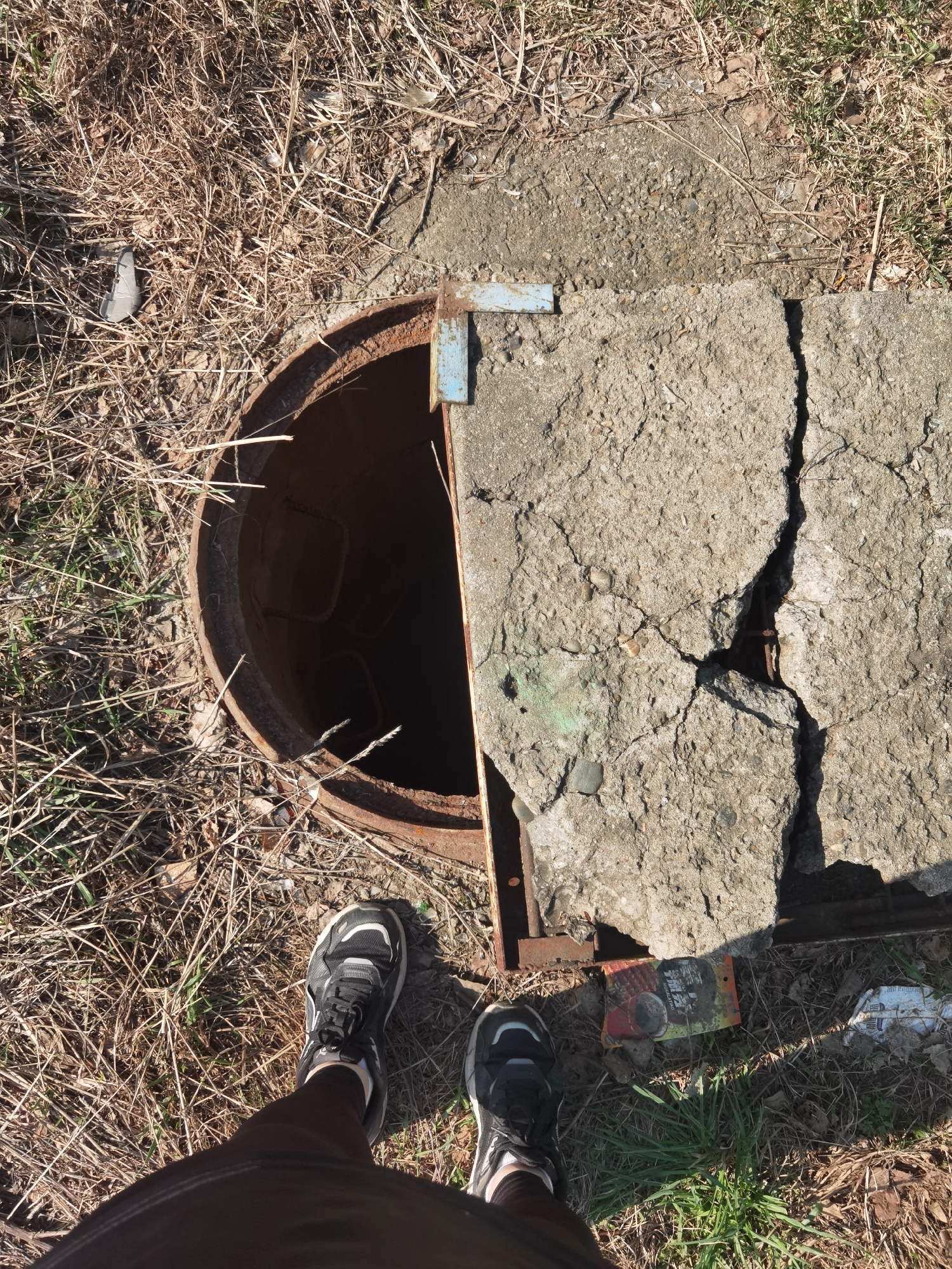 The image shows an open manhole with a cracked concrete cover partially ajar. The manhole is surrounded by dry grass and some green vegetation. To the right of the manhole cover, there is some discarded trash. In the lower part of the image, the feet of a person wearing black and grey athletic shoes and dark pants are visible. Given the location in the city of Chaikovsky, Russia, this likely shows a utility access point within a residential or park area.