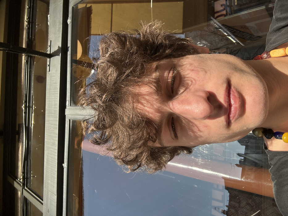 A close-up, upward-angled portrait depicts a young individual with medium-length curly brown hair and fair skin. Their eyes are partially closed, consistent with squinting in bright sunlight. Irregular shadows, likely from an overhead structure or foliage, fall across the face, particularly on the forehead and left side. The individual wears a dark-colored shirt and a distinctive necklace featuring large, irregularly shaped, multi-colored beads in black, yellow, blue, green, and orange/amber hues. A small silver stud earring is visible on the right earlobe.
The subject is positioned directly in front of a large glass window or door panel, framed by dark, possibly metal, mullions. Reflections on the glass provide environmental detail. A clear blue sky is visible in the upper left quadrant. Prominent reflections on the left side of the glass reveal traditional Parisian Haussmannian architecture, including stone building facades with multiple windows and dark roofs, confirming the location as the city of Paris, France. A blurry, vertical orange-brown element is also reflected on the left. On the right side of the glass, reflections include an interior yellow or ochre-colored wall or curtain, and the silhouettes of bare tree branches. The scene is illuminated by strong, direct sunlight.