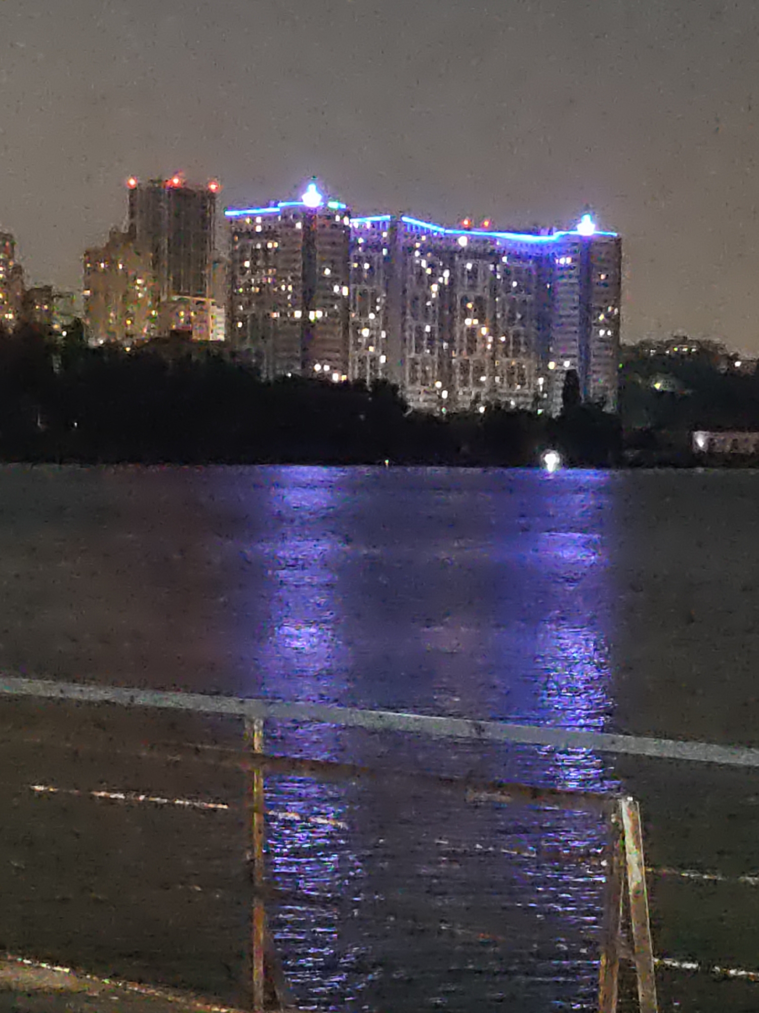 This is a nighttime, low-light photograph of a cityscape and a body of water, likely the Don River, in Rostov-on-Don, Russia. In the background, several multi-story buildings are illuminated with many windows lit up. The tallest building in the center is adorned with blue lights along its top edge and a bright green light at its peak. To the left, another building has red lights at its apex. A dark line of trees or foliage separates the buildings from the water. The water in the foreground reflects the blue lights from the buildings, creating shimmering streaks of purple and blue. A portion of a railing or fence is visible in the lower foreground, with some indistinct markings or objects on the ground behind it. The sky is dark and overcast.