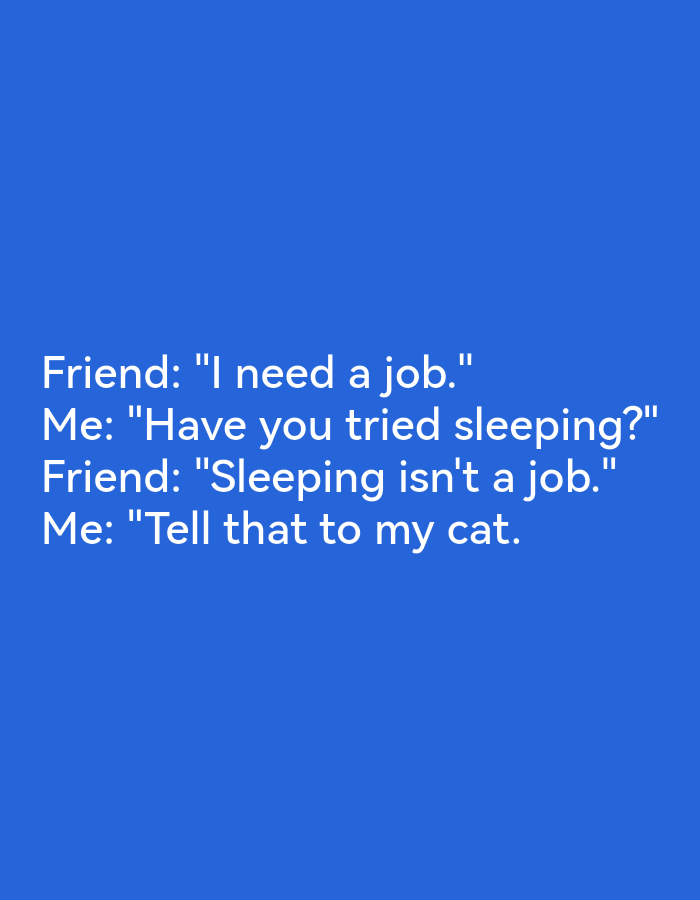 The image is a screenshot of a text-based joke on a plain blue background. The text reads:
"Friend: 'I need a job.'
Me: 'Have you tried sleeping?'
Friend: 'Sleeping isn't a job.'
Me: 'Tell that to my cat.'"
There are no people, objects, actions, interactions, or environmental details present in the image. The image does not contain any information related to Lagos, Nigeria.