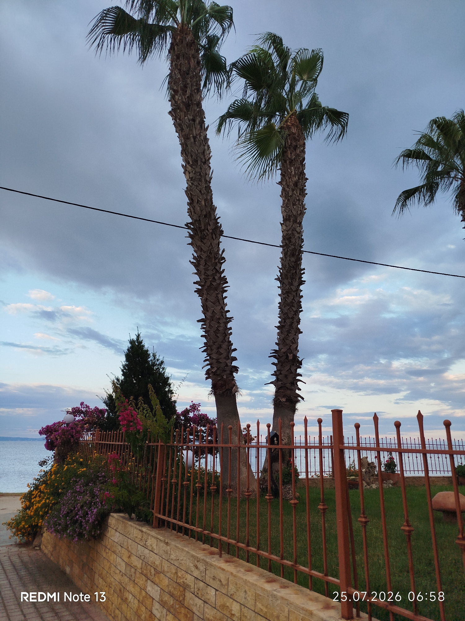 The image shows an outdoor scene on a cloudy day, likely in Sithonia Municipal Unit, Greece. Two prominent palm trees dominate the foreground, with their textured trunks reaching towards the overcast sky. A dark power line is strung horizontally across the upper portion of the image.
In front of the palm trees, a rustic metal fence with decorative finials encloses a grassy area. A low, stone wall forms the base of the fence on the left side, supporting a vibrant display of flowering plants in shades of pink and yellow. Beyond the fence and grass, the sea is visible, suggesting a coastal location. The water appears calm, and the horizon line is barely discernible against the muted sky.
The foreground also features a paved walkway on the left, made of interlocking bricks. The lower right corner of the image displays a timestamp: "25.07.2026 06:58" and text overlay "REDMI Note 13". There are no people visible in the scene, and the overall atmosphere is tranquil and natural.