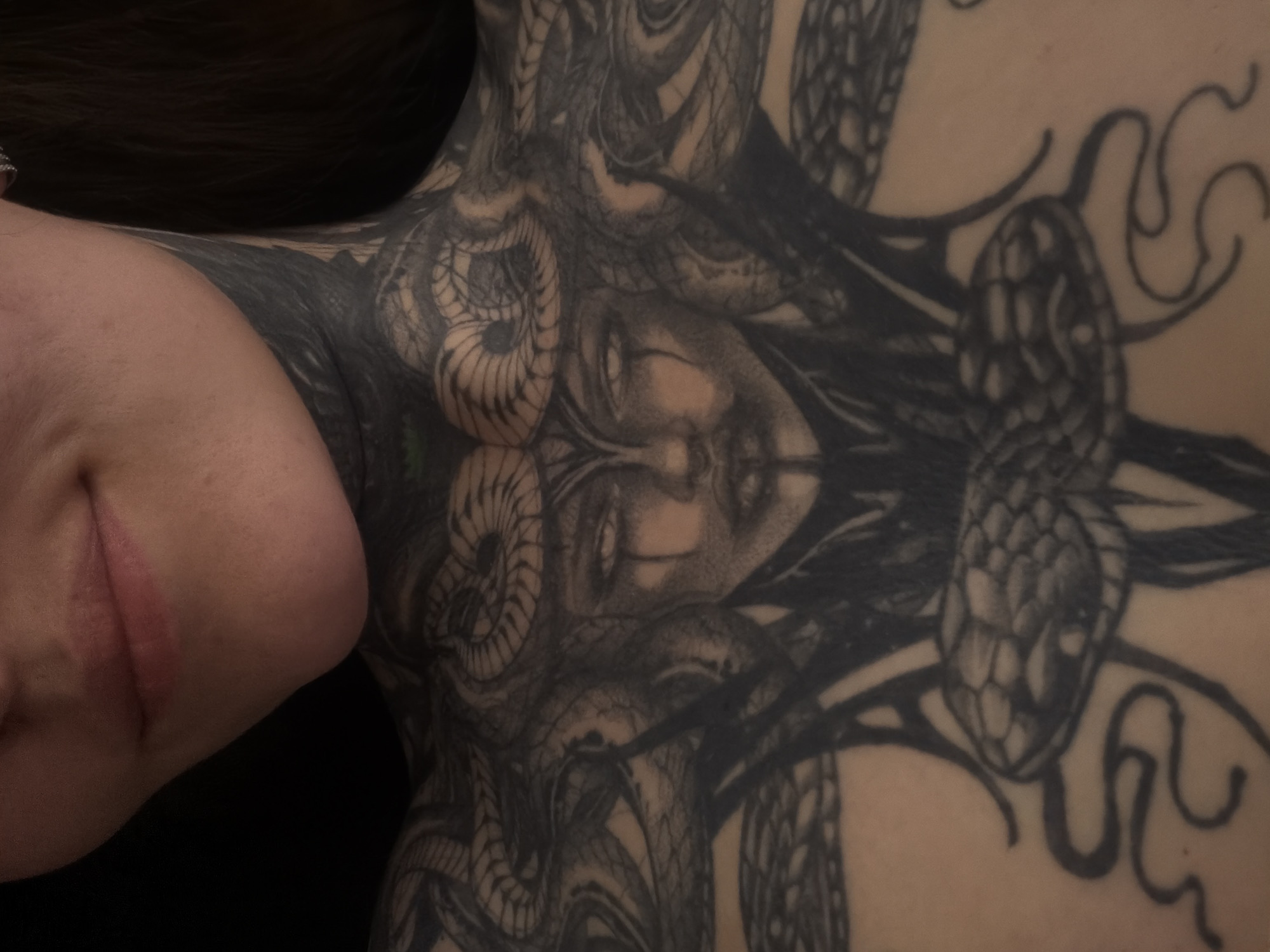 A close-up photograph depicts the lower face, neck, and upper chest of an unidentified individual. The subject's lips are slightly curved upward, indicating a subtle smile, with the chin visible below. The neck and upper chest are extensively covered in a black and grey tattoo. The central and dominant feature of the tattoo is a stylized depiction of a female face, suggestive of Medusa, with an intense expression and interwoven snakes forming her hair and extending across the collarbone area. Additional serpentine designs are integrated into the overall tattoo composition on the upper chest. A minimal portion of a light-colored earring is discernible on the subject's right ear. The background is uniformly dark, indicating an indoor setting with controlled lighting. The specific location within Chaikovsky, Russia, cannot be determined from the visual information provided in the image.
