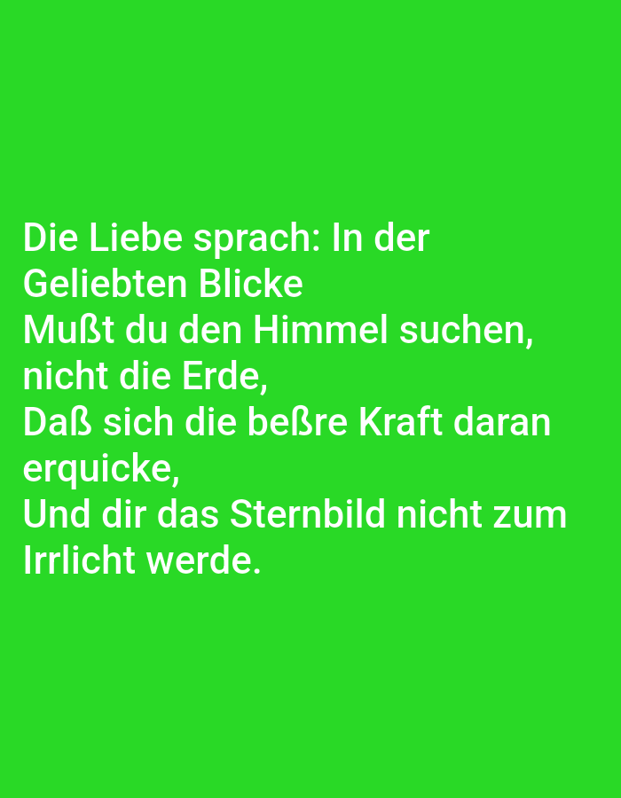The image displays white text on a solid green background. The text is a poem in German that reads:
"Die Liebe sprach: In der
Geliebten Blicke
Mußt du den Himmel suchen,
nicht die Erde,
Daß sich die beßre Kraft daran
erquicken,
Und dir das Sternbild nicht zum
Irrlicht werde."
There are no people, objects, or environmental elements visible in the image, nor is there any indication of a specific location in Tallinn, Estonia.