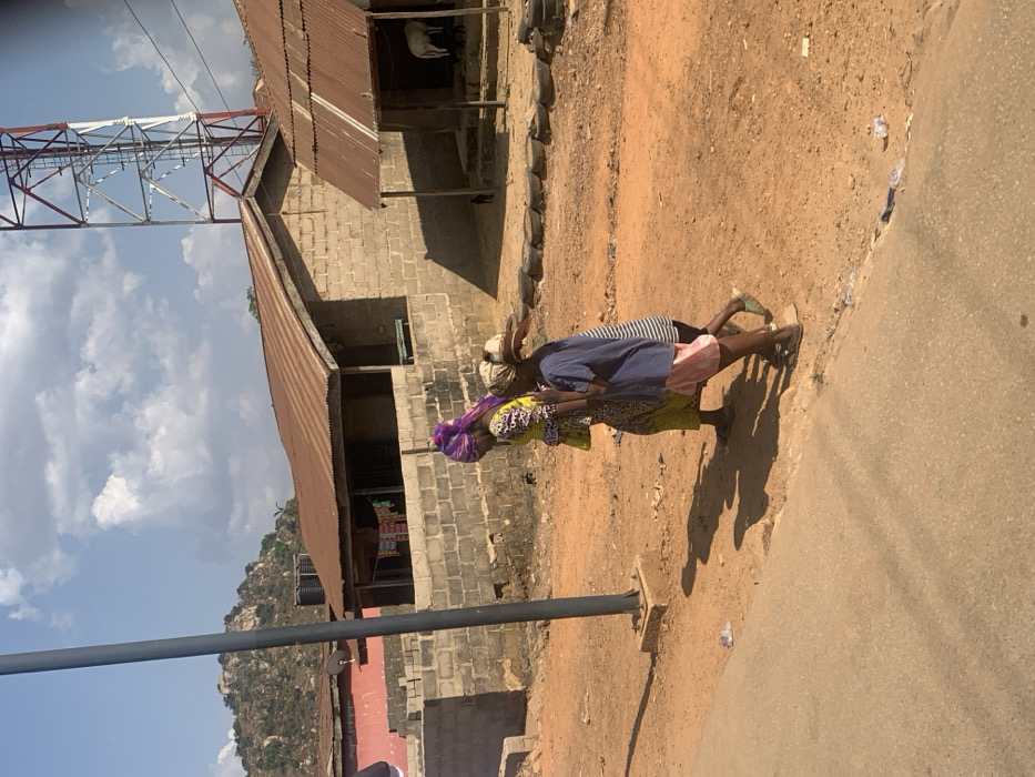 The image depicts a daytime scene in Egbedi, Nigeria, under a bright blue sky with scattered white cumulus clouds. Three individuals are walking from right to left on a reddish-brown dirt path that borders a darker, likely paved, surface in the bottom left foreground. The lead figure, an adult female, wears a yellow-green patterned top and a purple headwrap. Behind her, two children follow; one wears a dark blue t-shirt and light pink shorts, the other a striped top. All three cast distinct shadows to their left.
In the mid-ground, a dark grey utility pole with a concrete base stands on the left. Behind the path, multiple single-story buildings constructed with unpainted concrete blocks and topped with rusty corrugated metal roofs are present. Clothes are visible hanging outside the left-most building, which also has a black water tank on its roof. To the far right, a red and white lattice-patterned communications tower rises into the sky. A smaller, open-front structure with a corrugated metal roof, appearing to be an animal pen, houses a white goat-like animal near its steps. Discarded tires are arranged along the edge of the dirt path near this pen, and a small, dark animal is near the pen's entrance. The background features rocky hills under the clear sky.