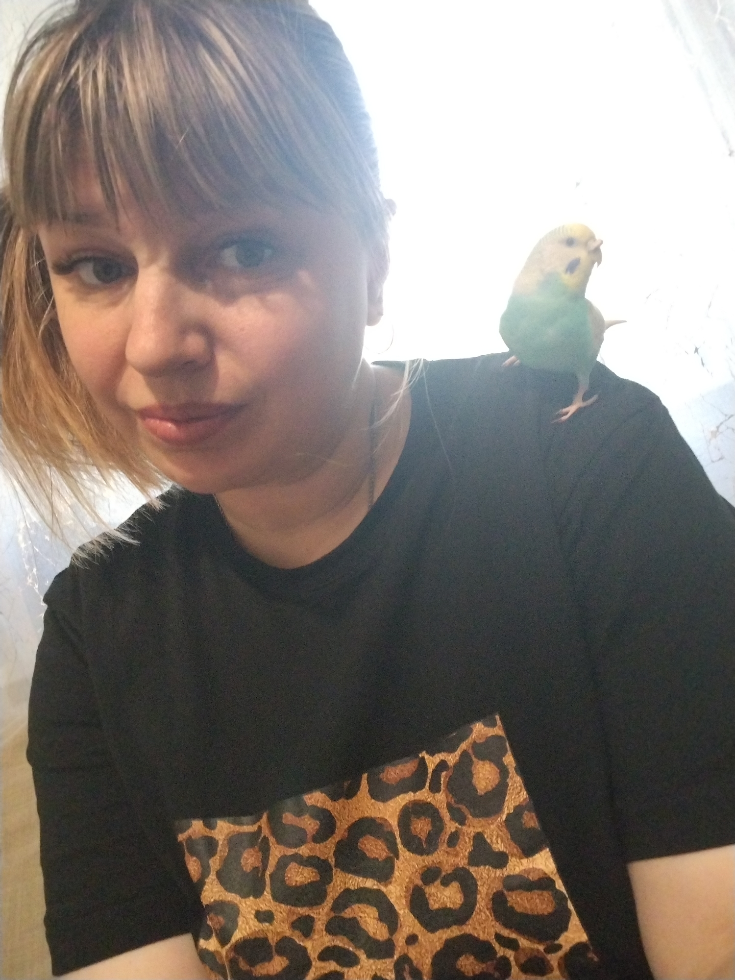 A woman with blonde hair and bangs, wearing a black t-shirt with a leopard print design, is taking a selfie. A small, green and yellow parakeet is perched on her right shoulder. The location is indeterminate, and there is no evidence to suggest the location is in Yaroslavl, Russia. The background is light and out of focus.