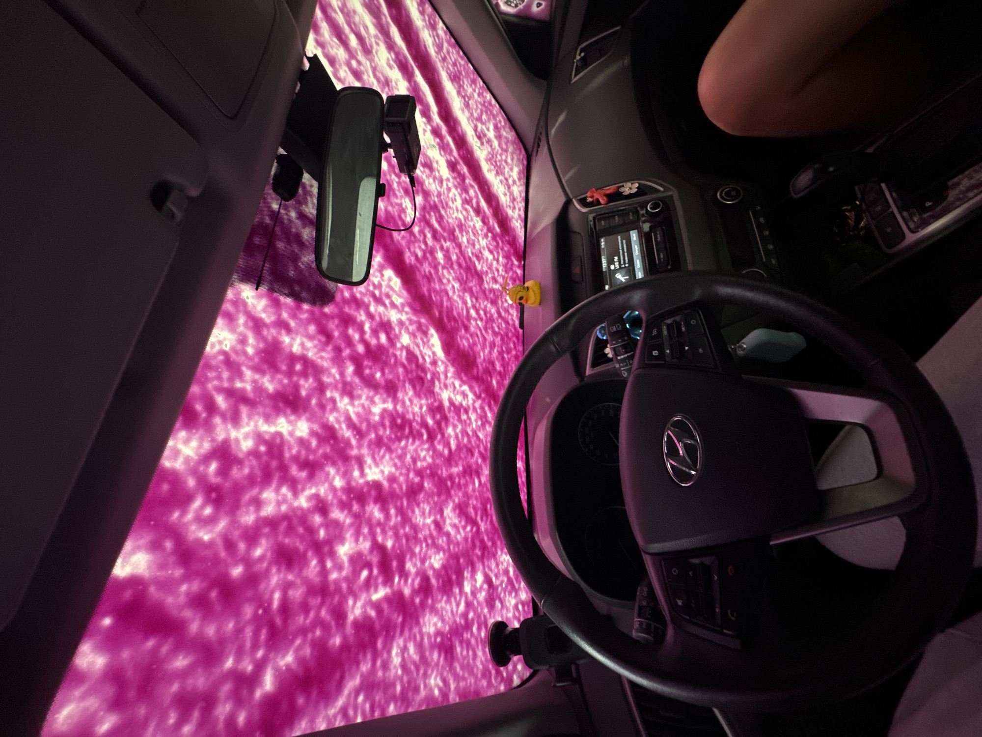 The view from inside a vehicle in a car wash. The interior of the vehicle is visible, including the steering wheel and dashboard. Outside the windshield, pink suds cover the glass. The location is not identifiable as Krasnoyarsk, Russia.
