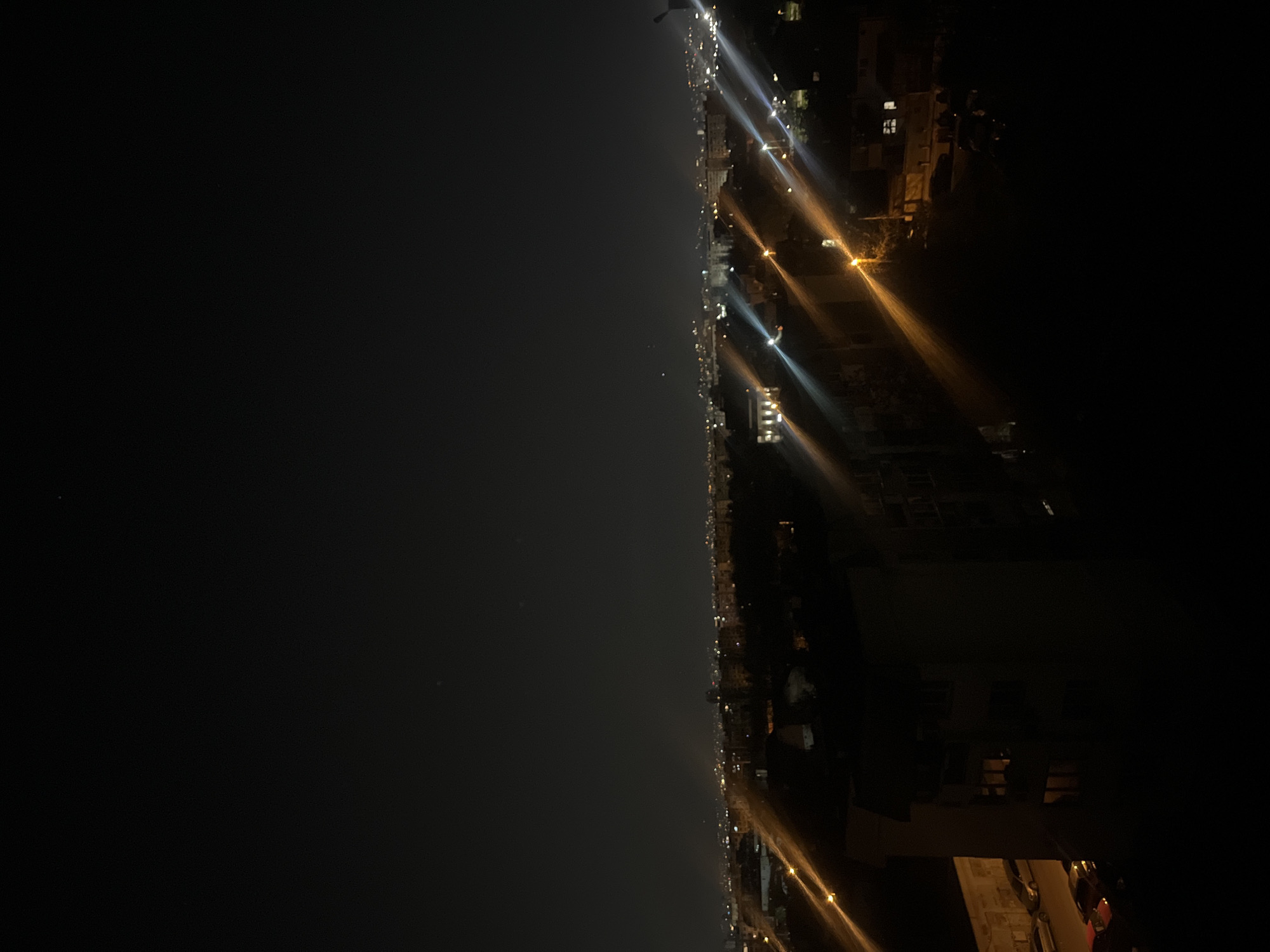 This night-time image, captured from an elevated perspective, depicts a sprawling urban landscape in Sofia, Bulgaria. Though presented in a vertical orientation, the scene represents a horizontal panorama, with a vast, dark expanse on the left and an illuminated city on the right. The entire scene is steeped in darkness, with the primary illumination coming from artificial light sources.
The left half of the frame is dominated by a deep black area, which, when the image is viewed as a horizontal landscape, would represent either the night sky or a large, unlit natural area such as a park or valley on the horizon. This expanse shows subtle variations in darkness and a few very faint, distant pinpricks of light.
In stark contrast, the right half of the frame presents a dense collection of urban lights. A prominent line of illumination, comprising streetlights and building windows, stretches horizontally across the middle of the scene. These lights exhibit distinct starburst or streaky effects, emanating rays of light that vary in color from warm yellow and amber to cool white and blue, indicating a mix of light sources, likely traditional street lamps and modern LEDs. Beneath these dazzling lights, the silhouettes of numerous buildings and structures are discernible, some with interior lights glowing through windows, hinting at ongoing activity or habitation.
No explicit human figures, specific events, or fast-moving vehicles are clearly visible, conveying a sense of the city at rest under the night sky. The image offers a broad overview of the urban sprawl, highlighting the visual distinction between developed, lit areas and the surrounding darkness in Sofia. No visible text is present in the image.