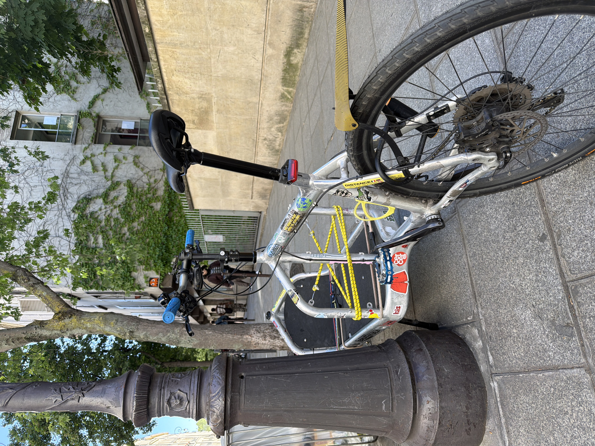 The image, taken in portrait orientation but rotated sideways, features a silver cargo bicycle parked on a grey stone-paved sidewalk. The bicycle's frame is extensively covered with various stickers, and its front cargo platform, which is black, is secured with yellow bungee cords. The handlebars are equipped with bright blue grips, and a small red LED light is attached beneath the black seat. The rear wheel displays a disc brake system and a multi-speed cassette; the tire sidewall faintly shows the text "RIDE TOUR."
In the foreground, a dark, ornate, cast-iron street lamp post stands to the left of the bicycle. The background reveals a light-colored building with two windows, partially covered by lush green climbing ivy. Trees with dense foliage are visible to the left and above the building. The scene is brightly lit by daylight, indicating a sunny day. Two indistinct, blurry figures can be seen in the distance, near the trees.
Notable text visible on the bike's frame and stickers includes "DISTANCE !!", "DON'T PANIC" (on a sticker featuring a figure holding a sign), "G.O.A.T.", "TUSSŸ", and "his". The seatpost clamp has "CARPE DIEM" written on it. The ornate street lamp and architectural style align with an urban setting in Paris, France.