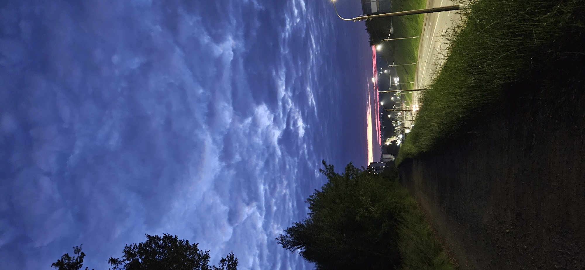 The image depicts a pathway next to a grassy embankment and a road with streetlights, under a cloudy twilight sky. The pathway appears to be made of dark earth or gravel. On the right side of the pathway, a dense growth of tall green grass forms a natural border. Beyond the grass, a two-lane road is visible, lined with streetlights that are illuminated. Cars with headlights on are present on the road, suggesting it is an active thoroughfare. In the background, buildings and more streetlights can be seen, indicating an urban or suburban setting. The sky is a deep blue, with textured clouds that catch the last remnants of daylight, creating streaks of pink and orange near the horizon. This scene is likely located in Vitsebsk, Belarus, given the visual cues of urban infrastructure and the characteristic twilight colors. There are no people visible in the image.