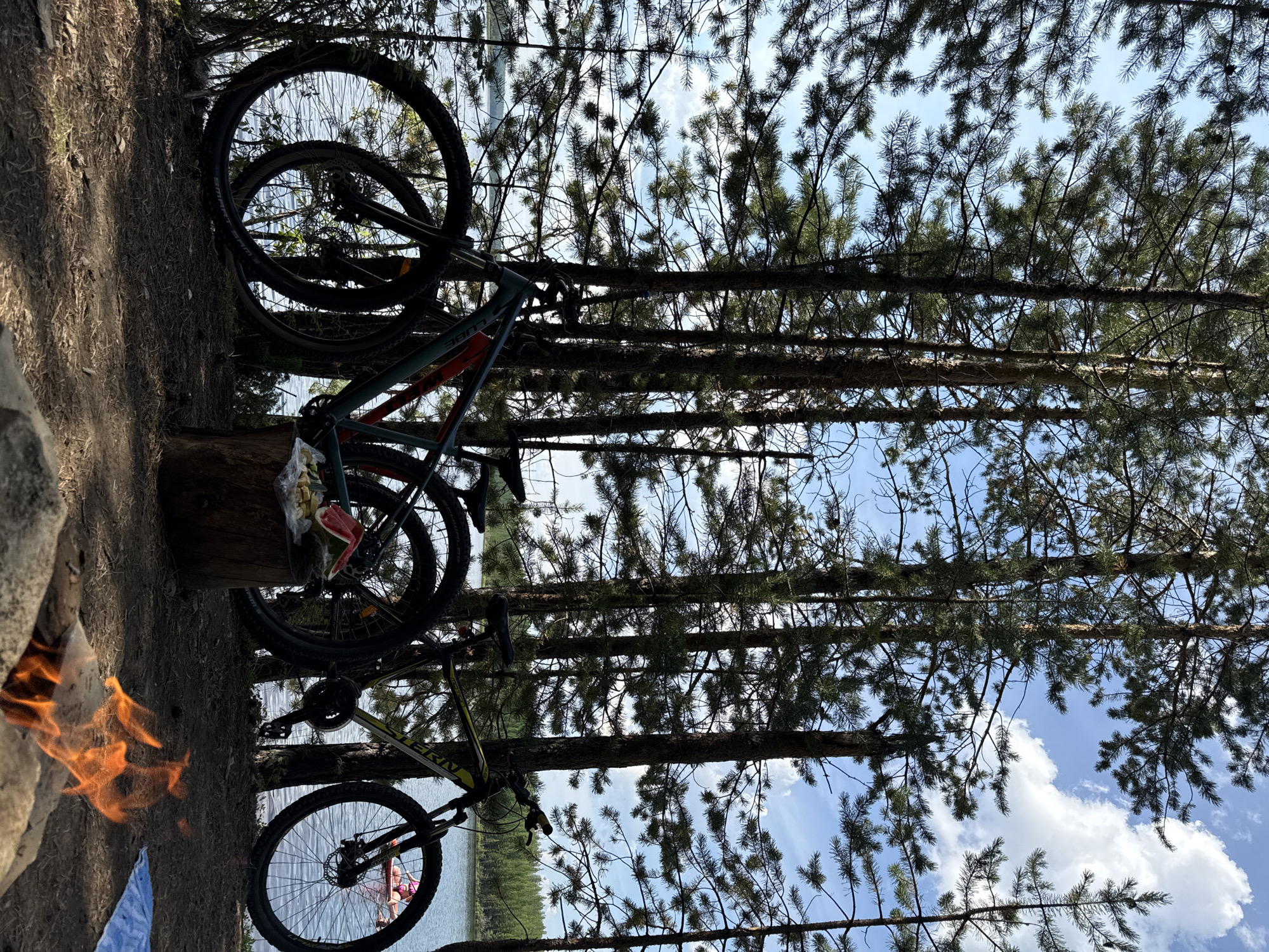 The image depicts a scenic outdoor campsite near a body of water, likely a lake, surrounded by tall pine trees. Two mountain bikes are parked upright, leaning against the trees, with their tires touching the ground. In the foreground, a campfire is actively burning, with flames illuminating rocks and the surrounding dry leaves and pine needles. To the right of the bikes, a tree stump serves as a makeshift table, holding a slice of watermelon and some other food items. In the background, the water of the lake is visible, with a person on an inflatable raft in the distance. The sky is a mix of blue with scattered white clouds. The location is identified as being in the city of Mirny, Russia.