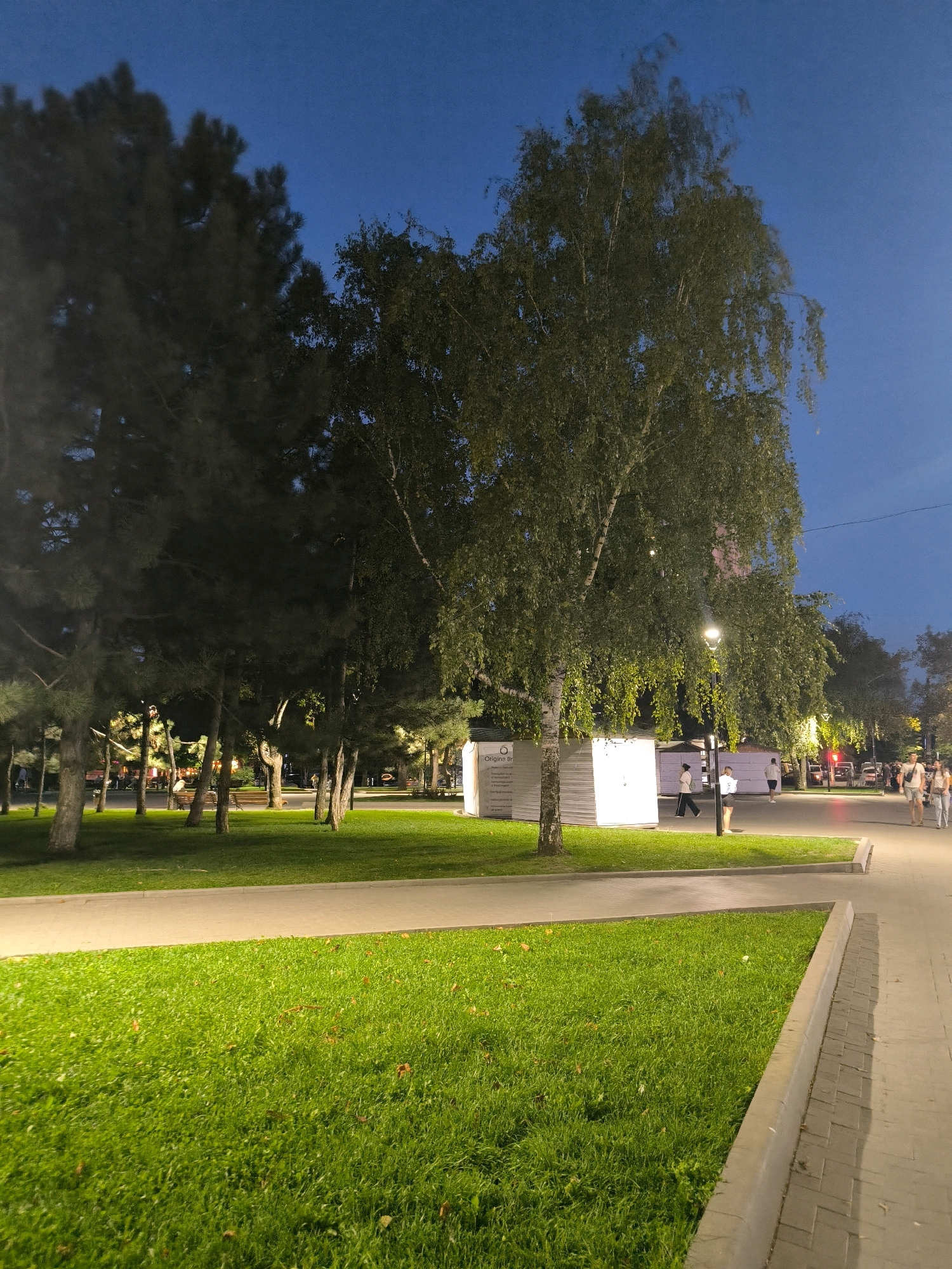 The image depicts an evening scene in a public park, likely in Chișinău, Moldova, given the presence of what appears to be a temporary outdoor market or exhibition stalls. In the foreground, a well-maintained green lawn is illuminated by artificial light, with a paved pathway bordering it. Beyond the lawn, several trees, including a prominent birch tree with its distinctive white bark and drooping branches, are visible. In the midground, white, modular structures resembling market stalls or kiosks are set up. These structures have minimal signage, with one displaying text that includes "Origins Br". Several individuals are walking along another paved area in the midground, suggesting a pedestrian walkway. The background reveals more trees, streetlights casting a warm glow, and a hint of distant buildings or streetlights, indicating an urban setting. The sky is a deep twilight blue, with the artificial lights creating a contrast against the fading natural light. The overall atmosphere is one of a lively urban park in the evening.