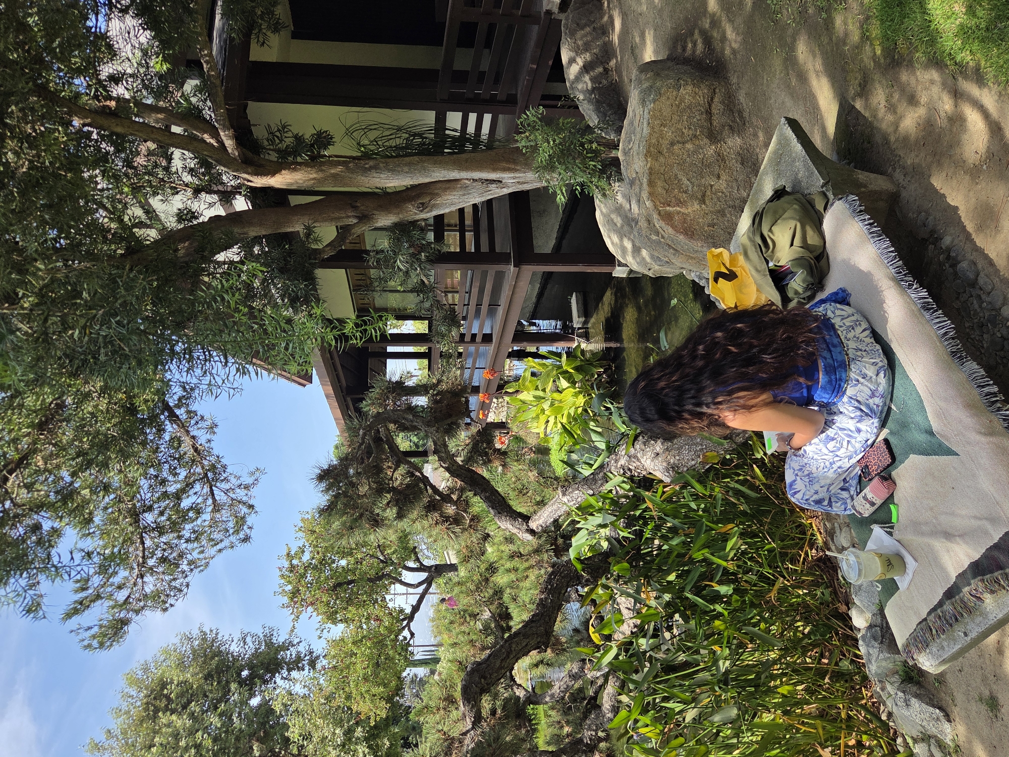 A person with long, dark, curly hair is sitting on a bench outdoors, facing away from the camera. They are wearing a blue top and a patterned skirt. The bench is covered with a woven blanket. Next to the person are a cup with a straw, a phone case, and a backpack. The person appears to be engaged in an activity, possibly writing or drawing in a notebook.
The background features a serene garden setting with a pond, lush greenery, and a traditional-style building with wooden walkways. Large rocks and a large tree with intricate branches are also prominent elements of the landscape. The sky is blue with a few wispy clouds. The overall impression is one of peaceful contemplation in a beautiful, natural environment. The scene is set in the city of Glendale, United States of America.